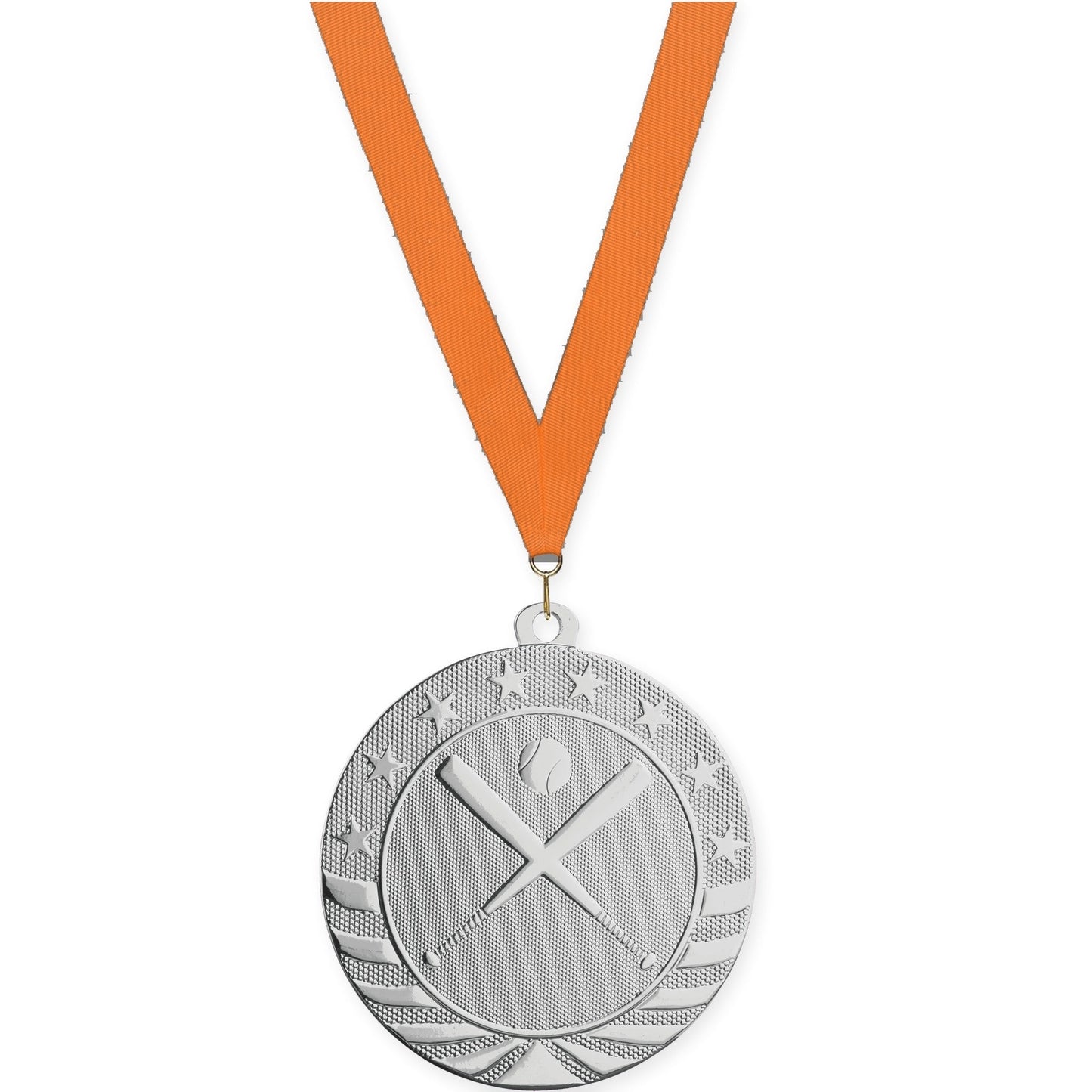 2 3/4 inch baseball and softball Starbrite medal in bright silver with Orange neck ribbon