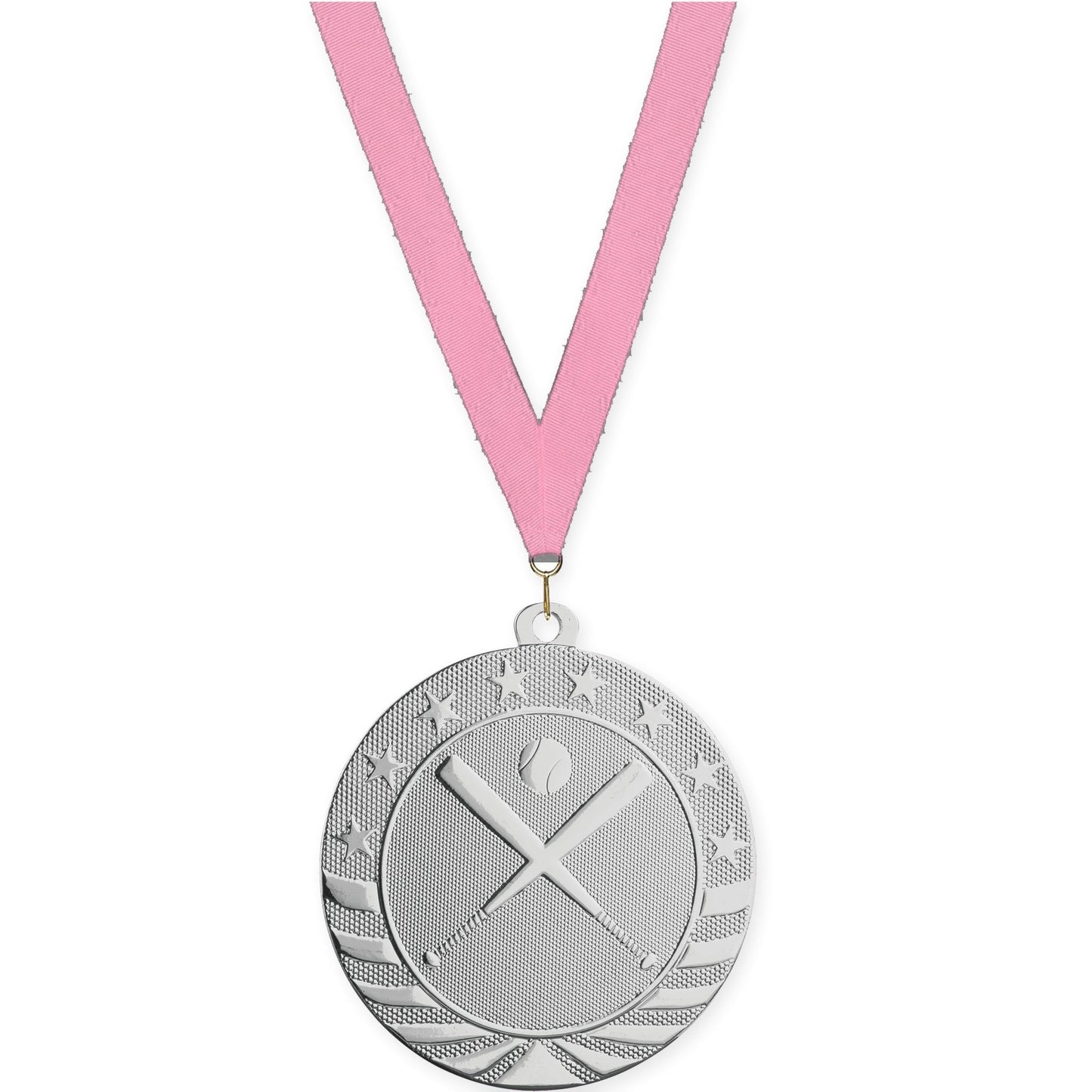2 3/4 inch baseball and softball Starbrite medal in bright silver with Pink neck ribbon