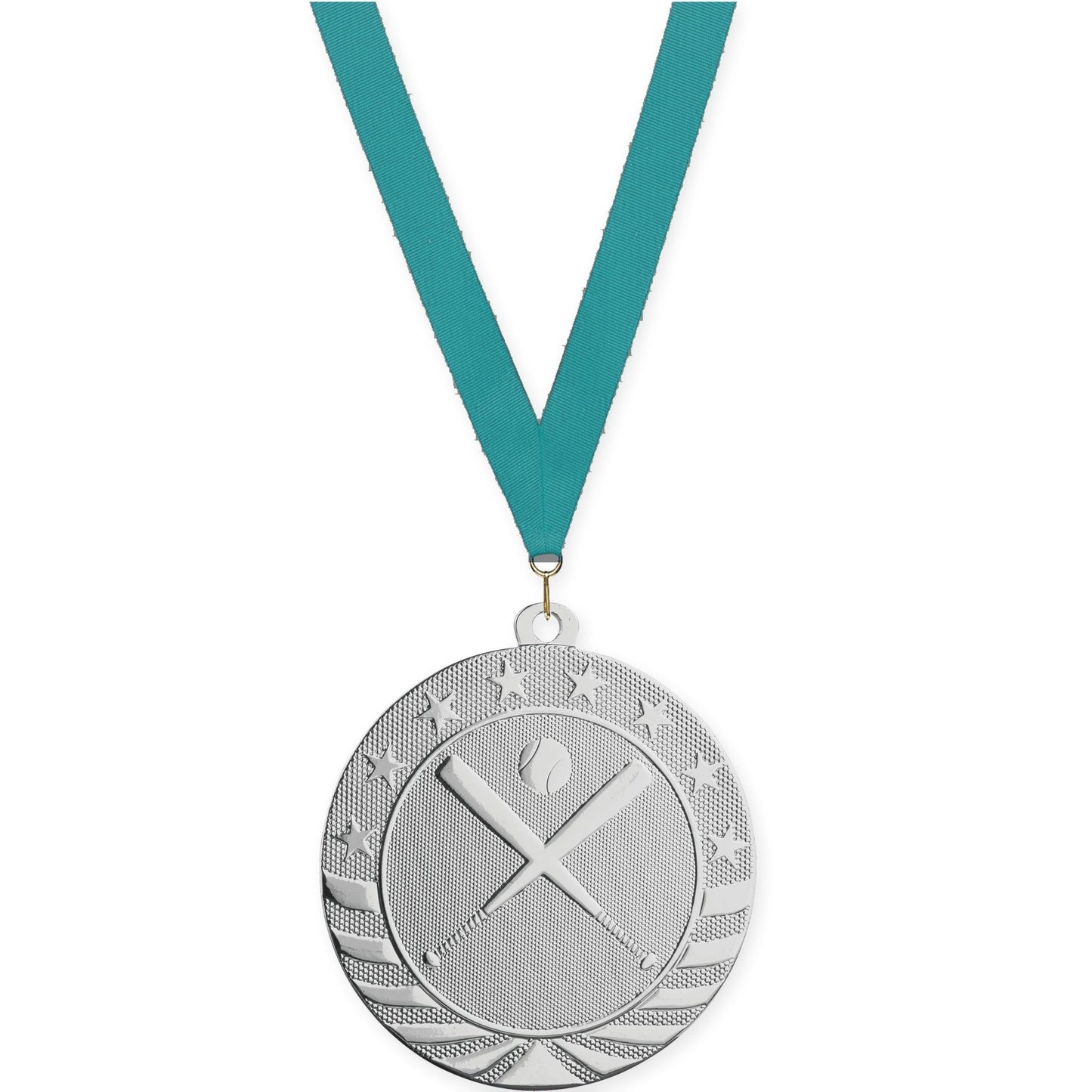 2 3/4 inch baseball and softball Starbrite medal in bright silver with Teal neck ribbon