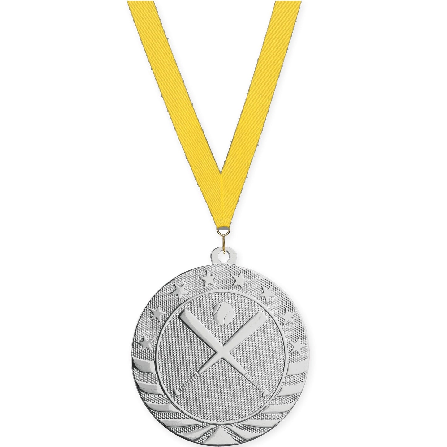 2 3/4 inch baseball and softball Starbrite medal in bright silver with Yellow neck ribbon