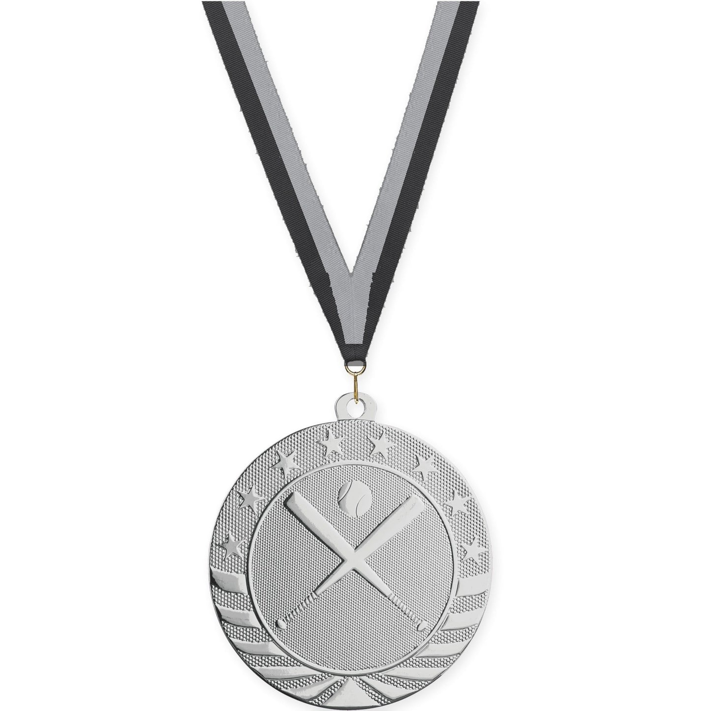 2 3/4 inch baseball and softball Starbrite medal in bright silver with Black Gray neck ribbon