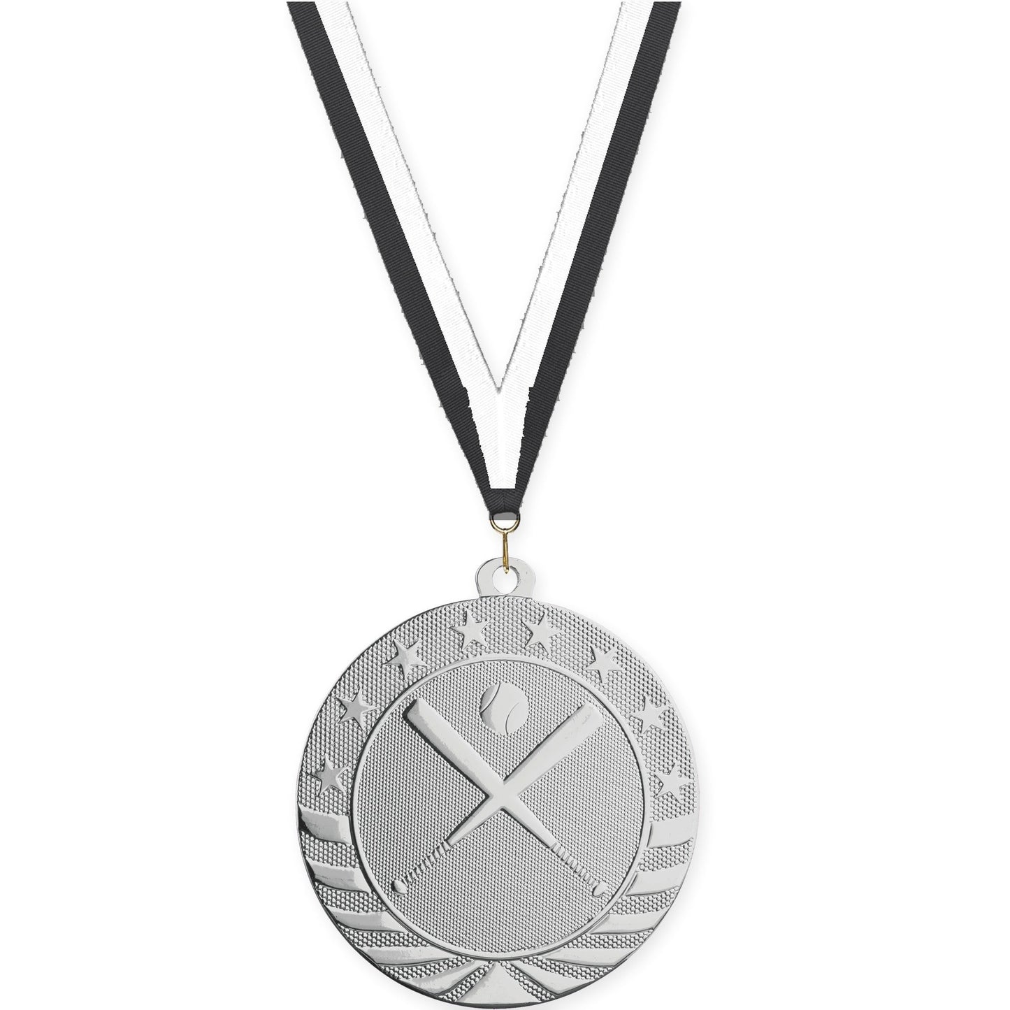 2 3/4 inch baseball and softball Starbrite medal in bright silver with Black White neck ribbon