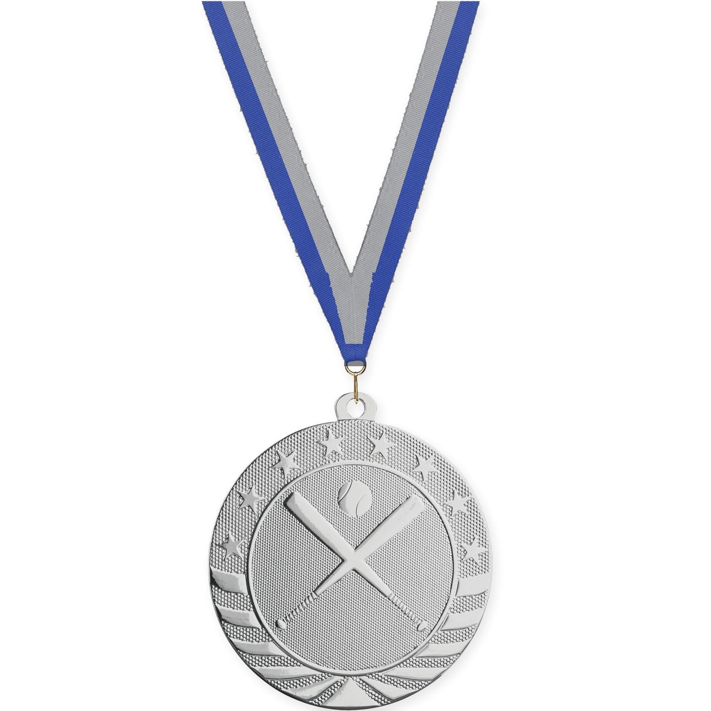 2 3/4 inch baseball and softball Starbrite medal in bright silver with Blue Gray neck ribbon