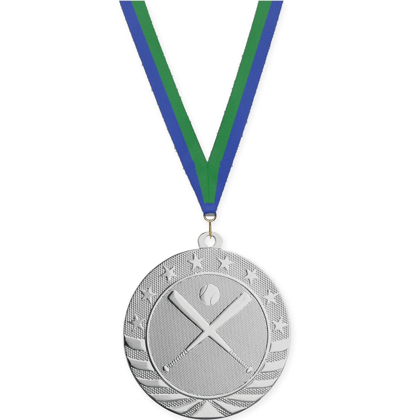 2 3/4 inch baseball and softball Starbrite medal in bright silver with Blue Green neck ribbon