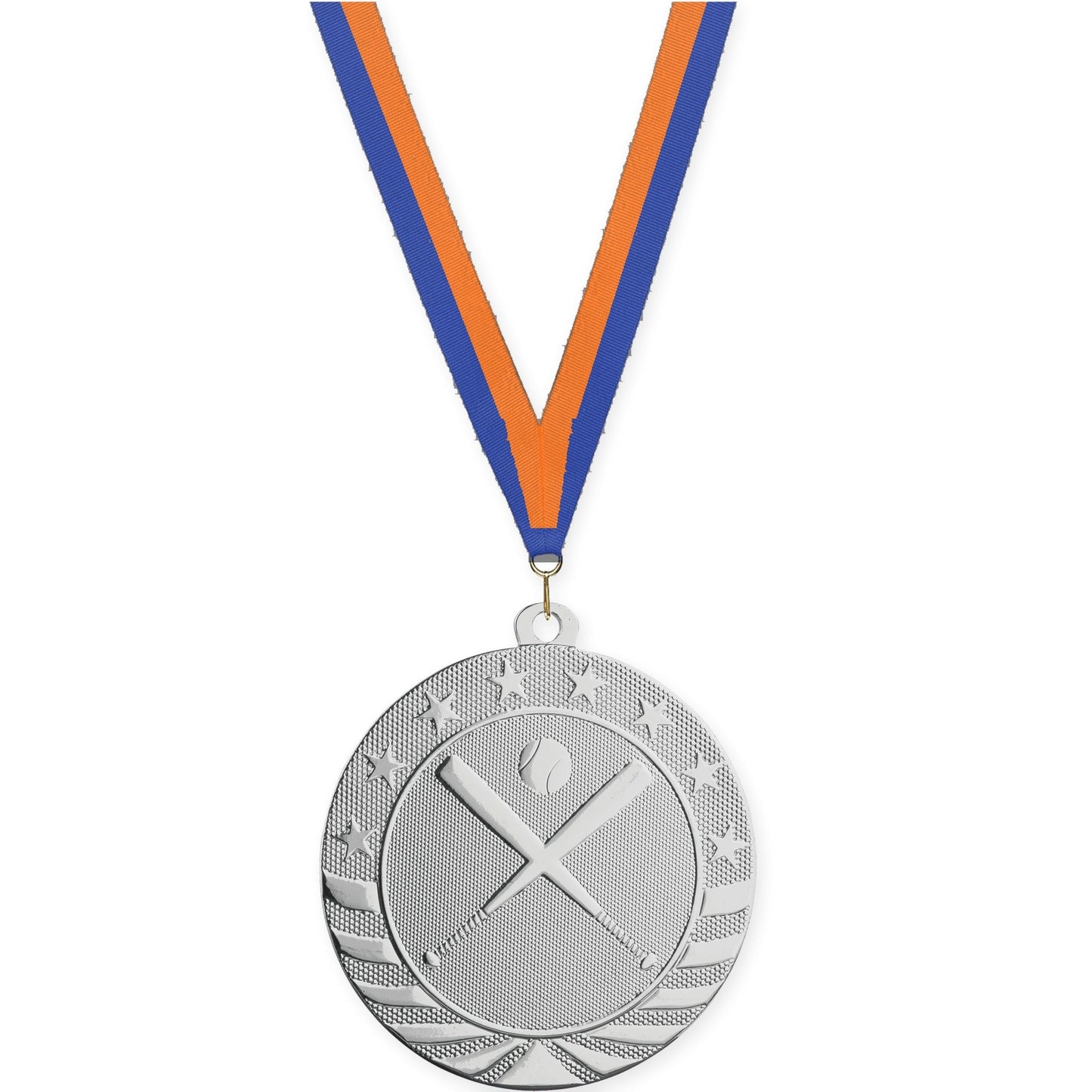 2 3/4 inch baseball and softball Starbrite medal in bright silver with Blue Orange neck ribbon