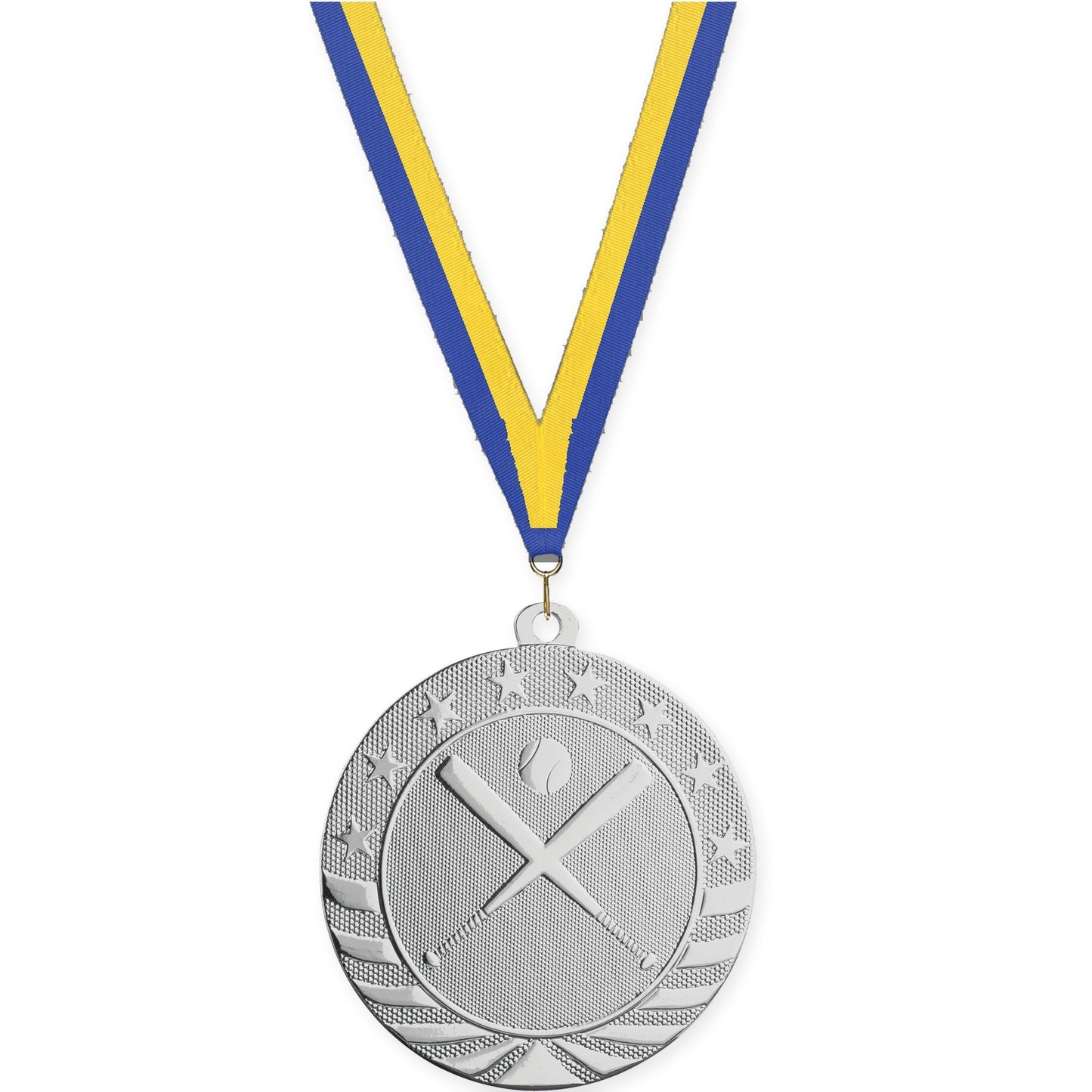 2 3/4 inch baseball and softball Starbrite medal in bright silver with Blue Yellow neck ribbon
