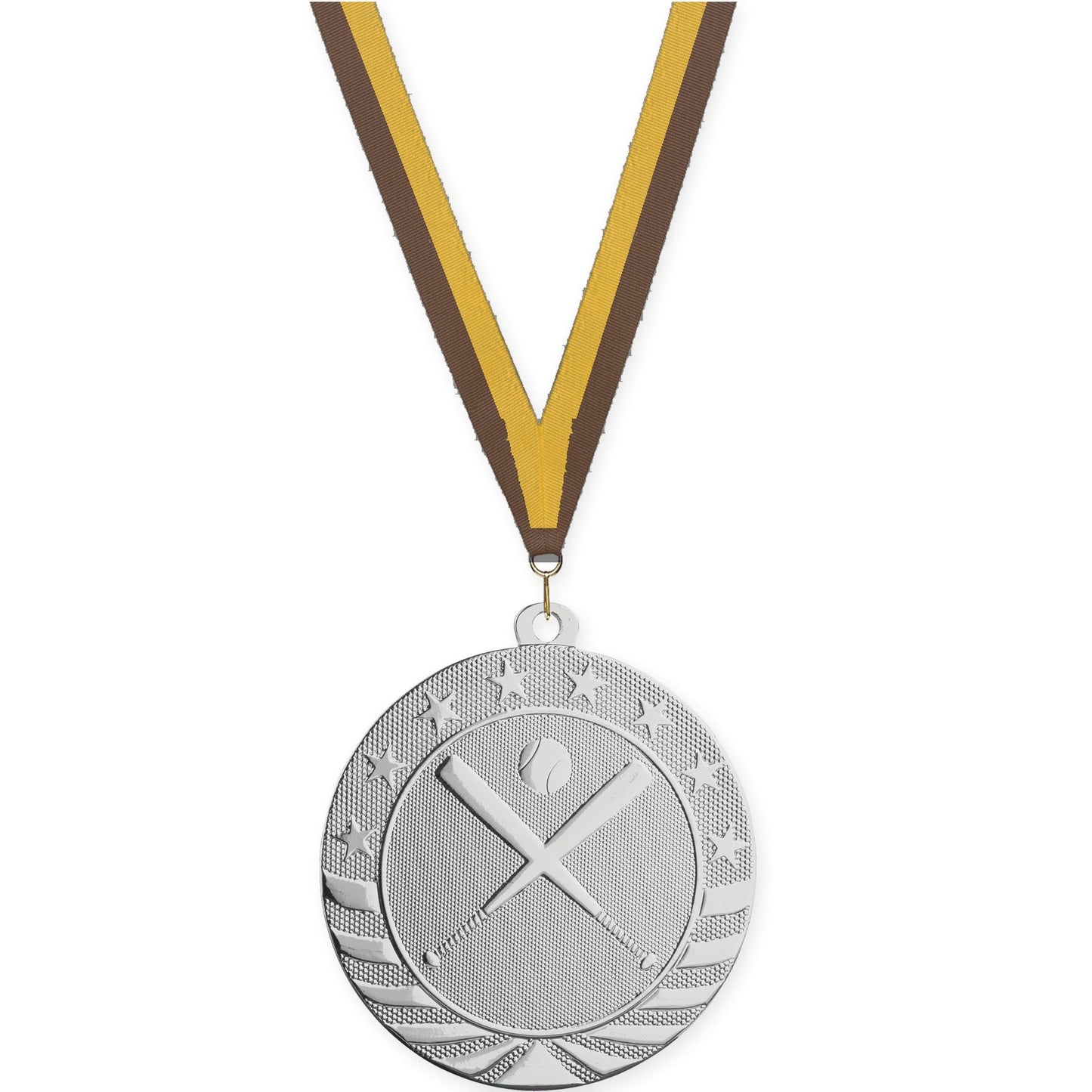 2 3/4 inch baseball and softball Starbrite medal in bright silver with Brown Gold neck ribbon