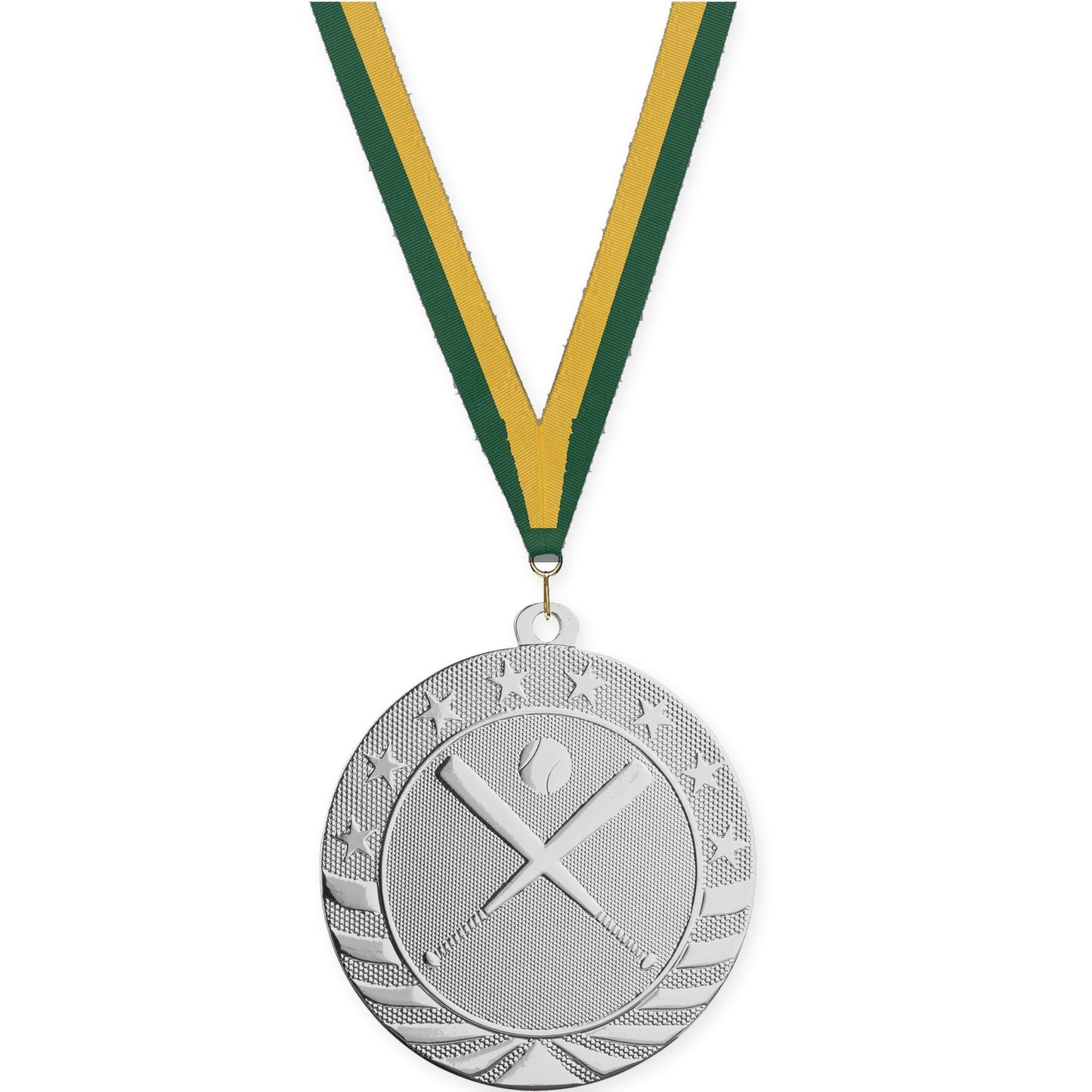 2 3/4 inch baseball and softball Starbrite medal in bright silver with Hunter Green Gold neck ribbon