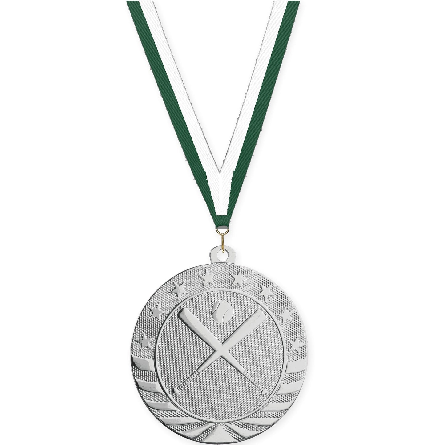 2 3/4 inch baseball and softball Starbrite medal in bright silver with Hunter Green White neck ribbon
