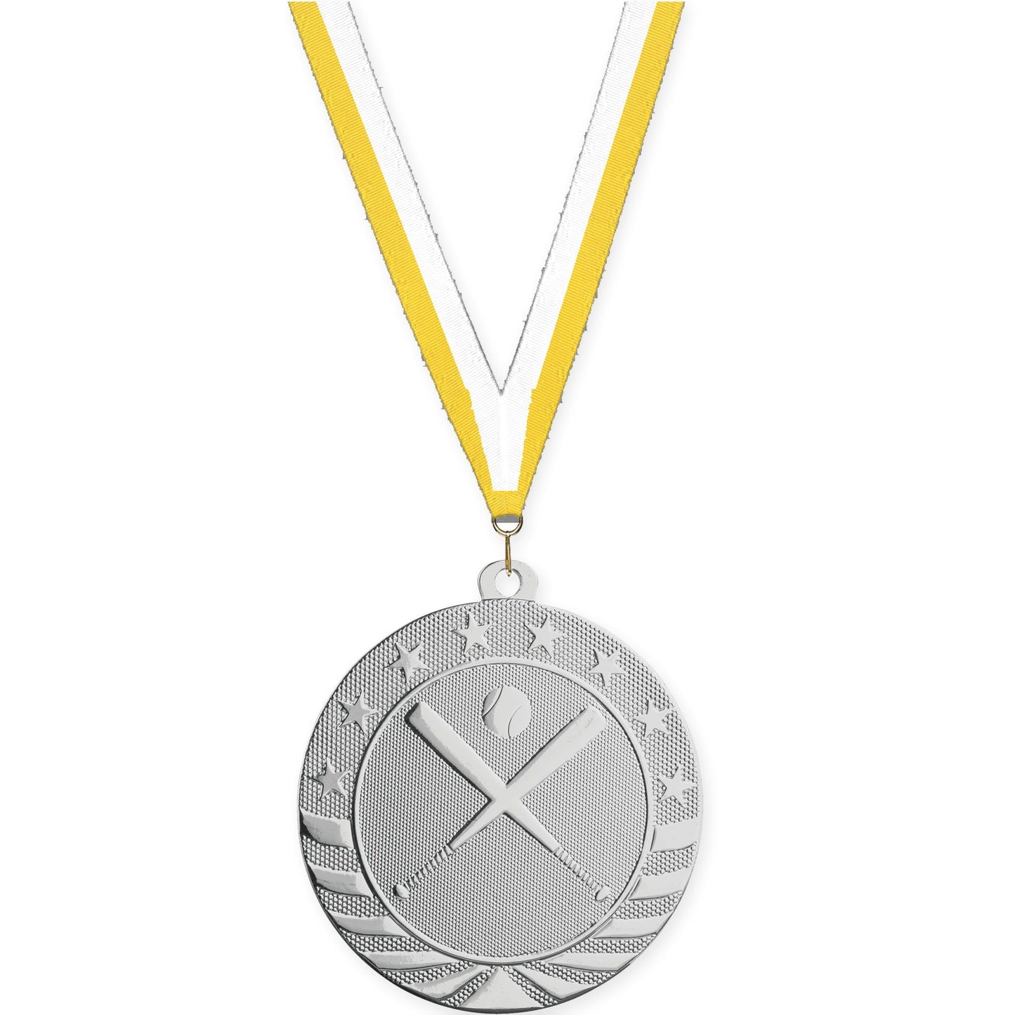 2 3/4 inch baseball and softball Starbrite medal in bright silver with Yellow White neck ribbon