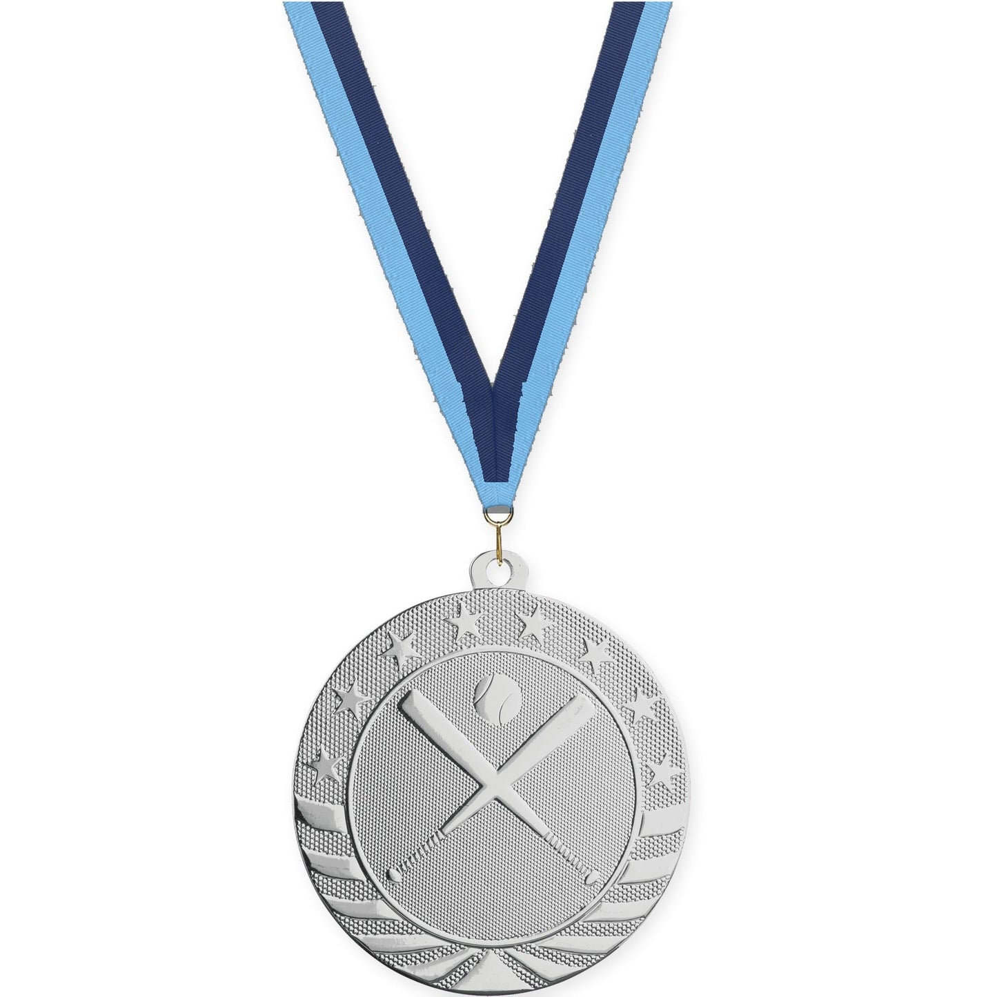 2 3/4 inch baseball and softball Starbrite medal in bright silver with Light Blue Navy neck ribbon