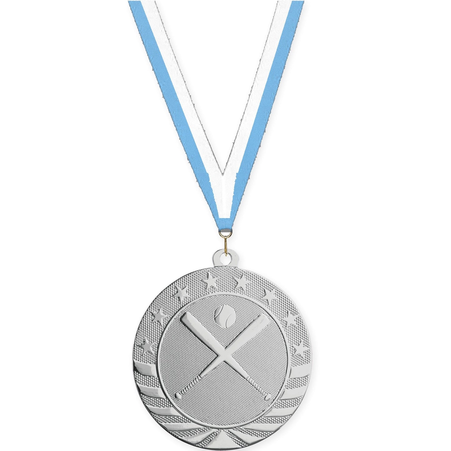 2 3/4 inch baseball and softball Starbrite medal in bright silver with Light Blue White neck ribbon