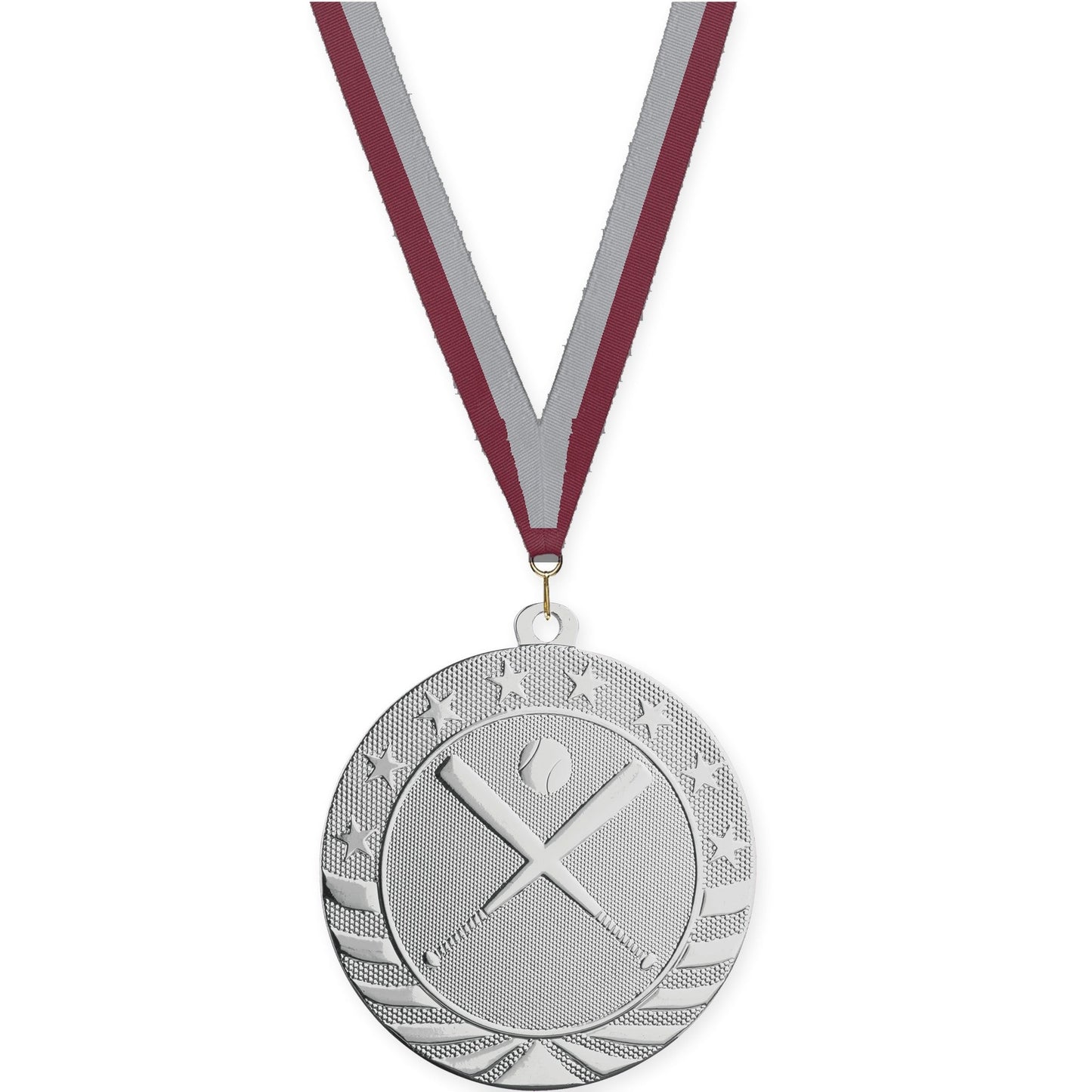 2 3/4 inch baseball and softball Starbrite medal in bright silver with Maroon Gray neck ribbon