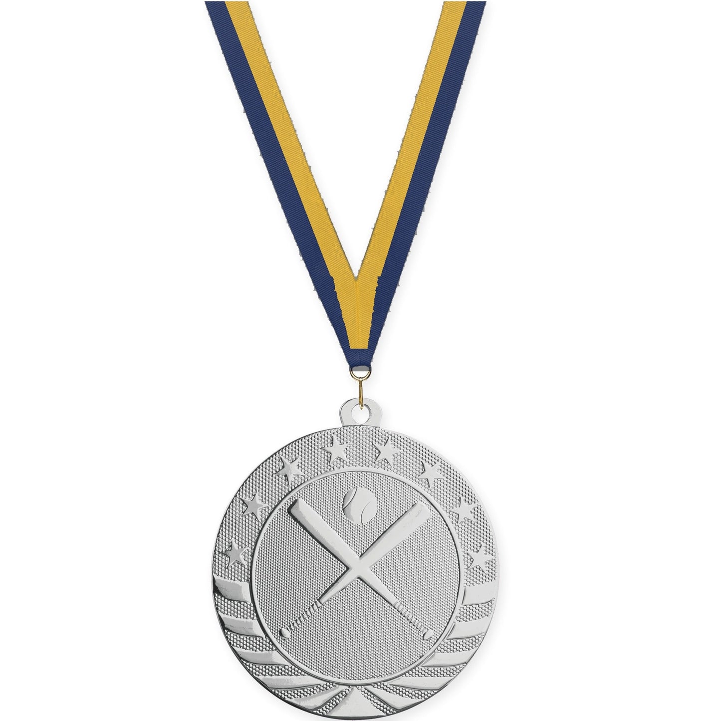 2 3/4 inch baseball and softball Starbrite medal in bright silver with Navy Gold neck ribbon