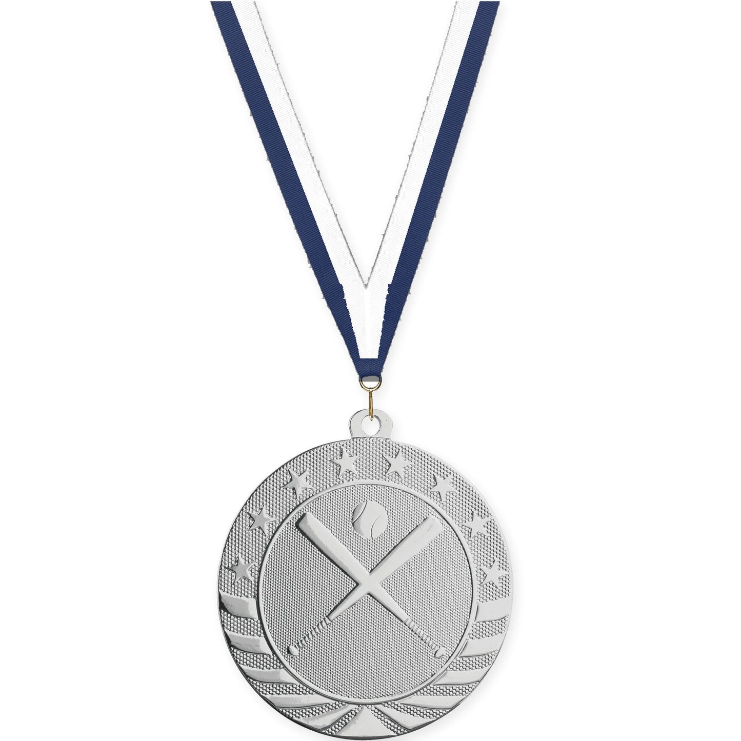 2 3/4 inch baseball and softball Starbrite medal in bright silver with Navy White neck ribbon