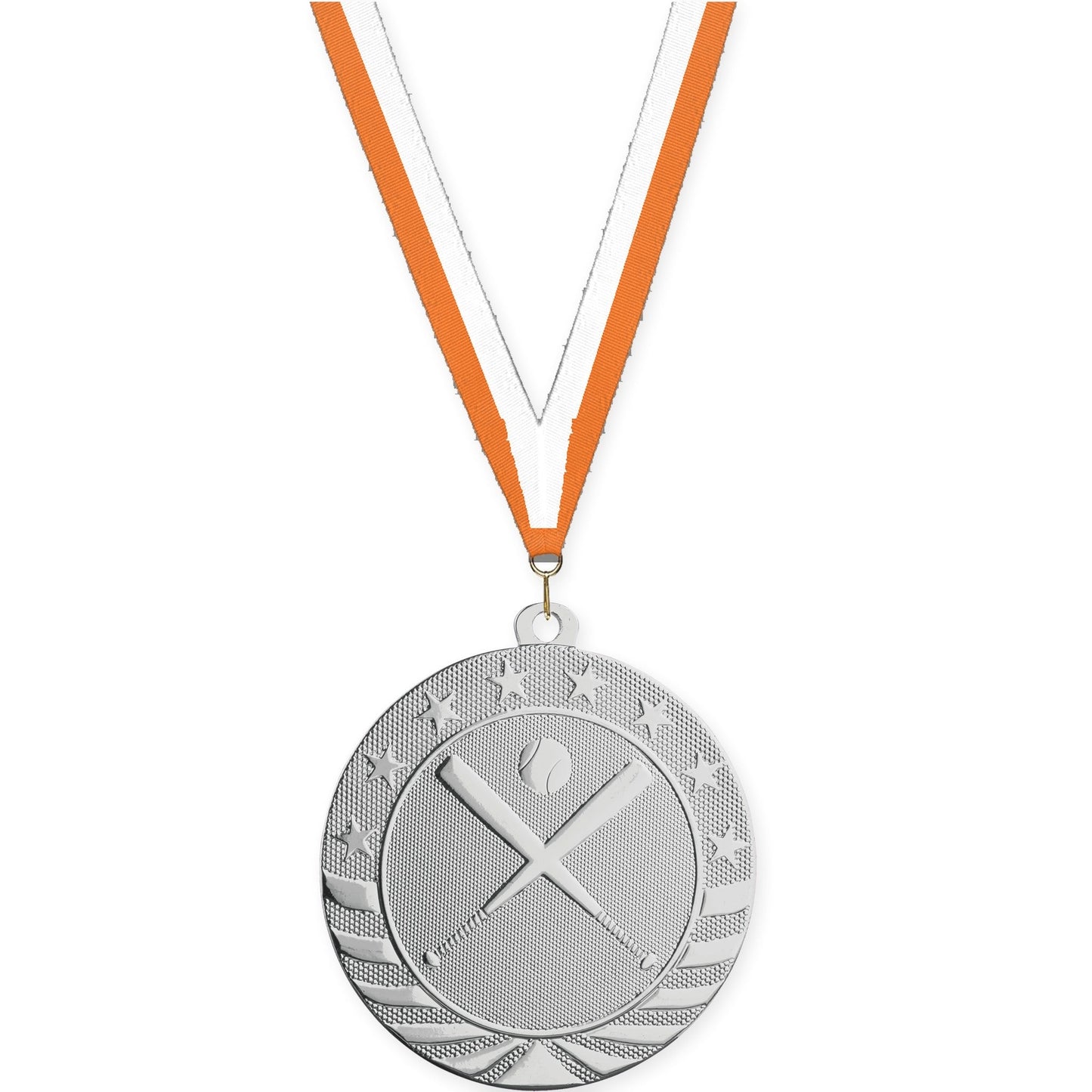 2 3/4 inch baseball and softball Starbrite medal in bright silver with Orange White neck ribbon