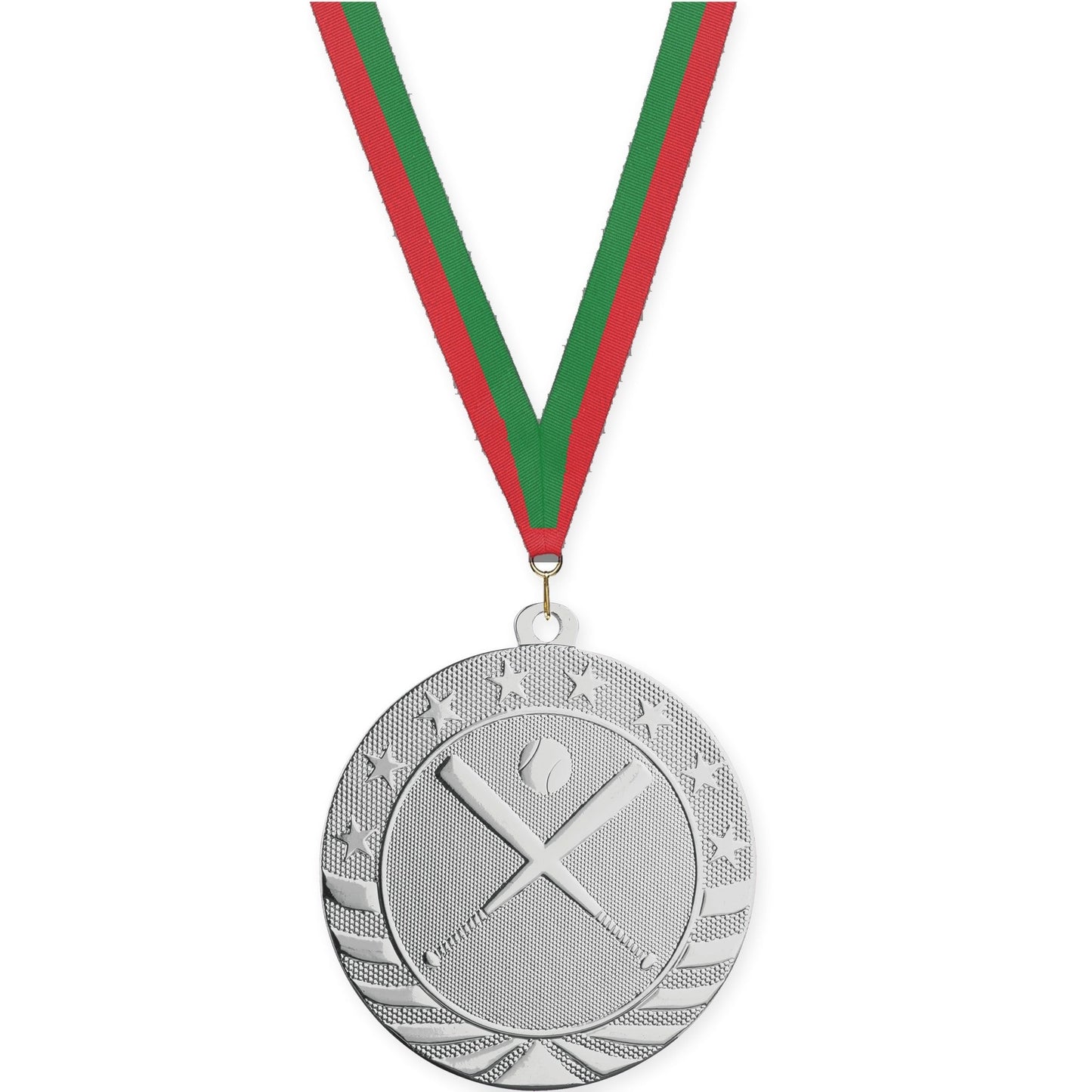 2 3/4 inch baseball and softball Starbrite medal in bright silver with Red Green neck ribbon