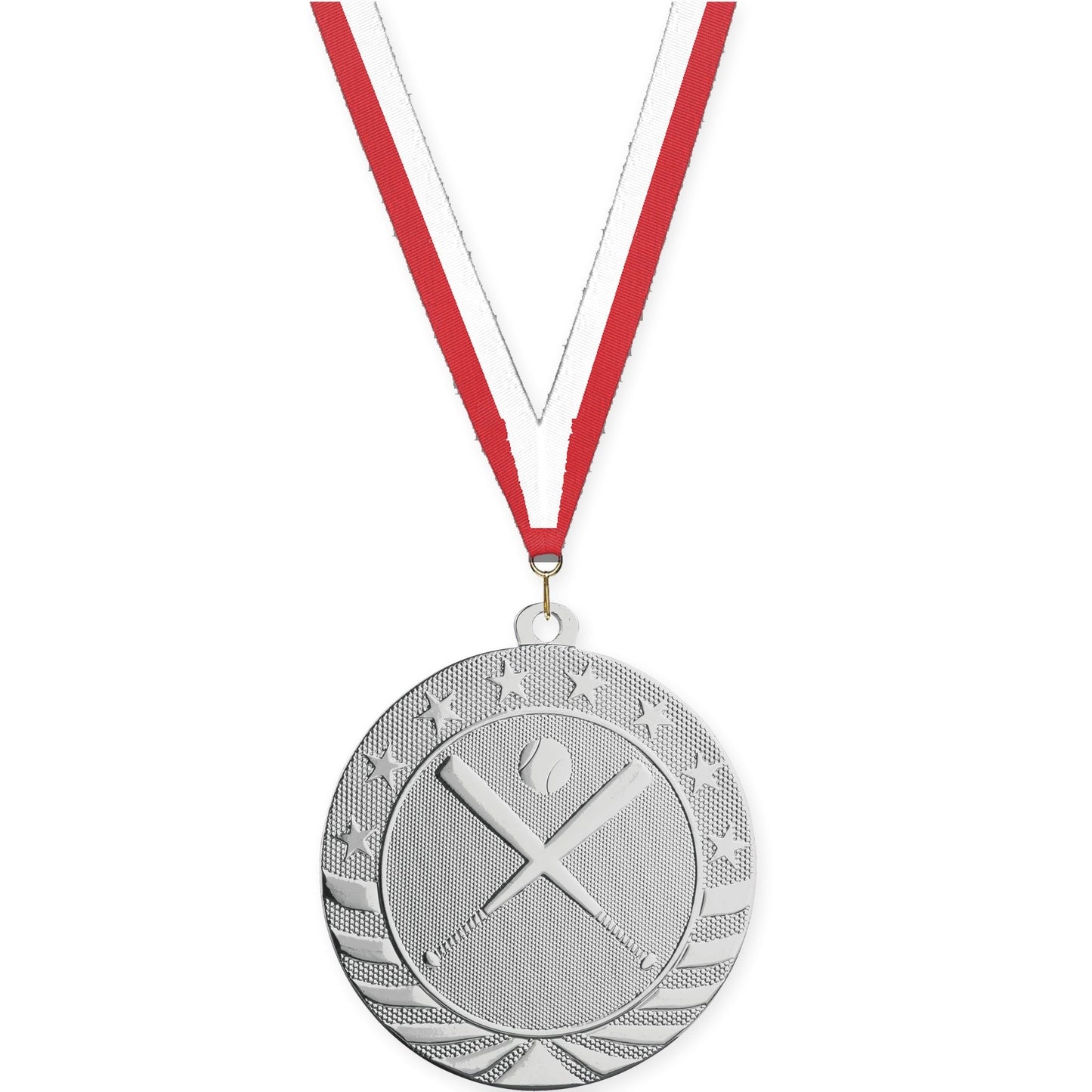 2 3/4 inch baseball and softball Starbrite medal in bright silver with Red White neck ribbon