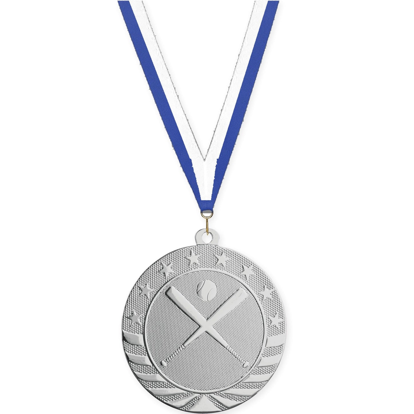 2 3/4 inch baseball and softball Starbrite medal in bright silver with Blue White neck ribbon