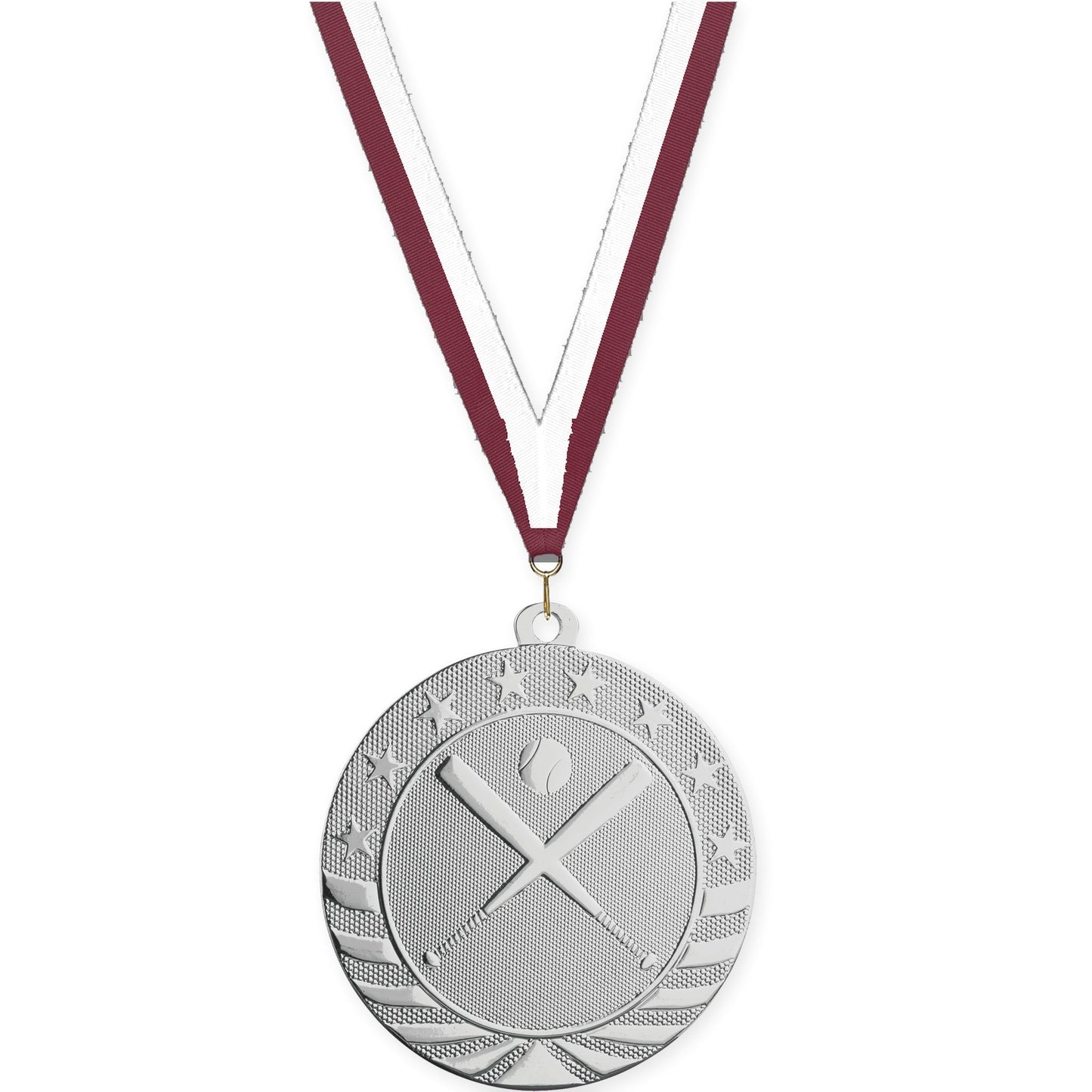 2 3/4 inch baseball and softball Starbrite medal in bright silver with Maroon White neck ribbon