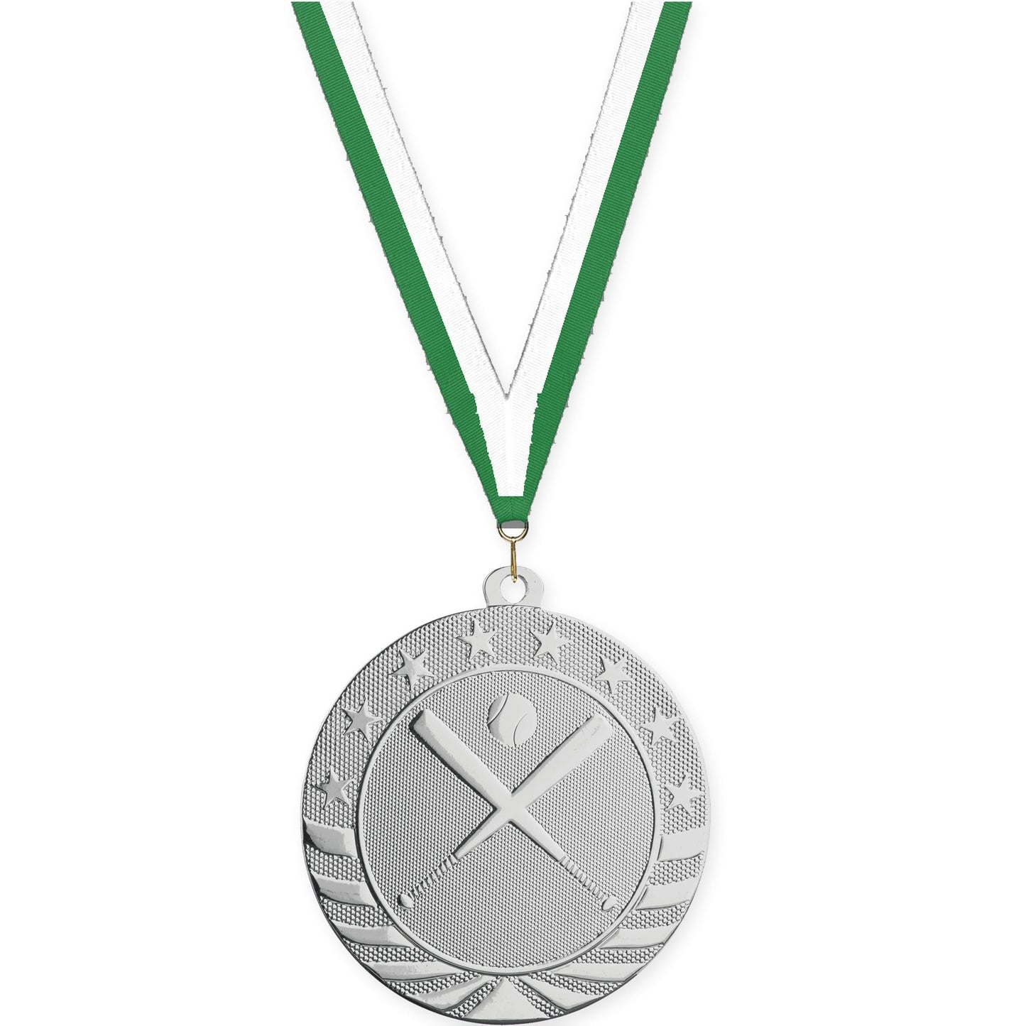 2 3/4 inch baseball and softball Starbrite medal in bright silver with Green White neck ribbon