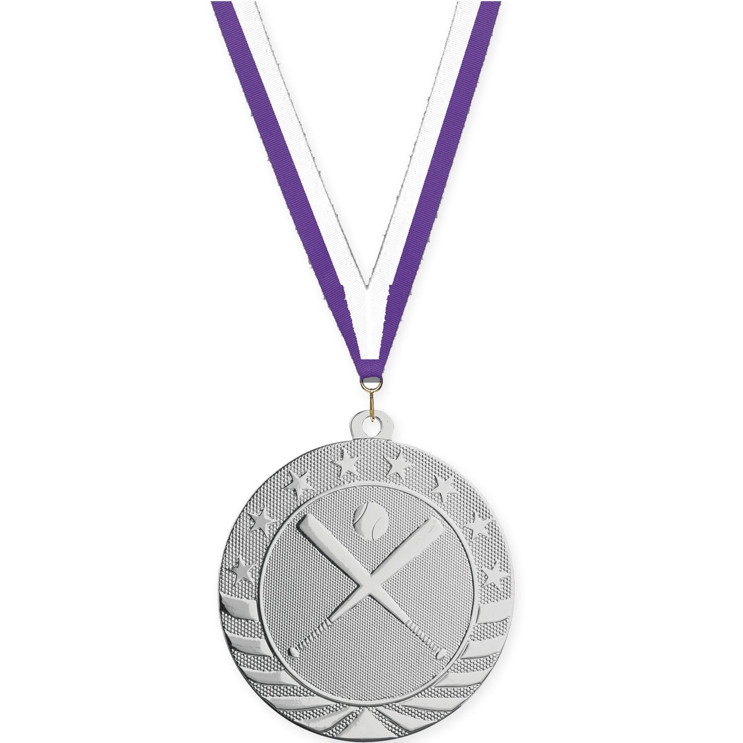 2 3/4 inch baseball and softball Starbrite medal in bright silver with Purple White neck ribbon