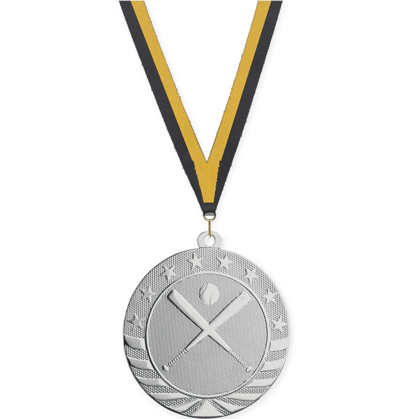 2 3/4 inch baseball and softball Starbrite medal in bright silver with Black Gold neck ribbon