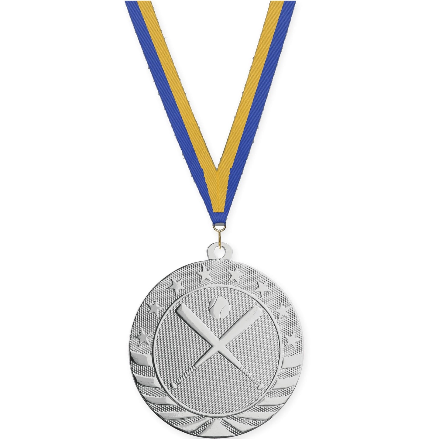 2 3/4 inch baseball and softball Starbrite medal in bright silver with Blue Gold neck ribbon