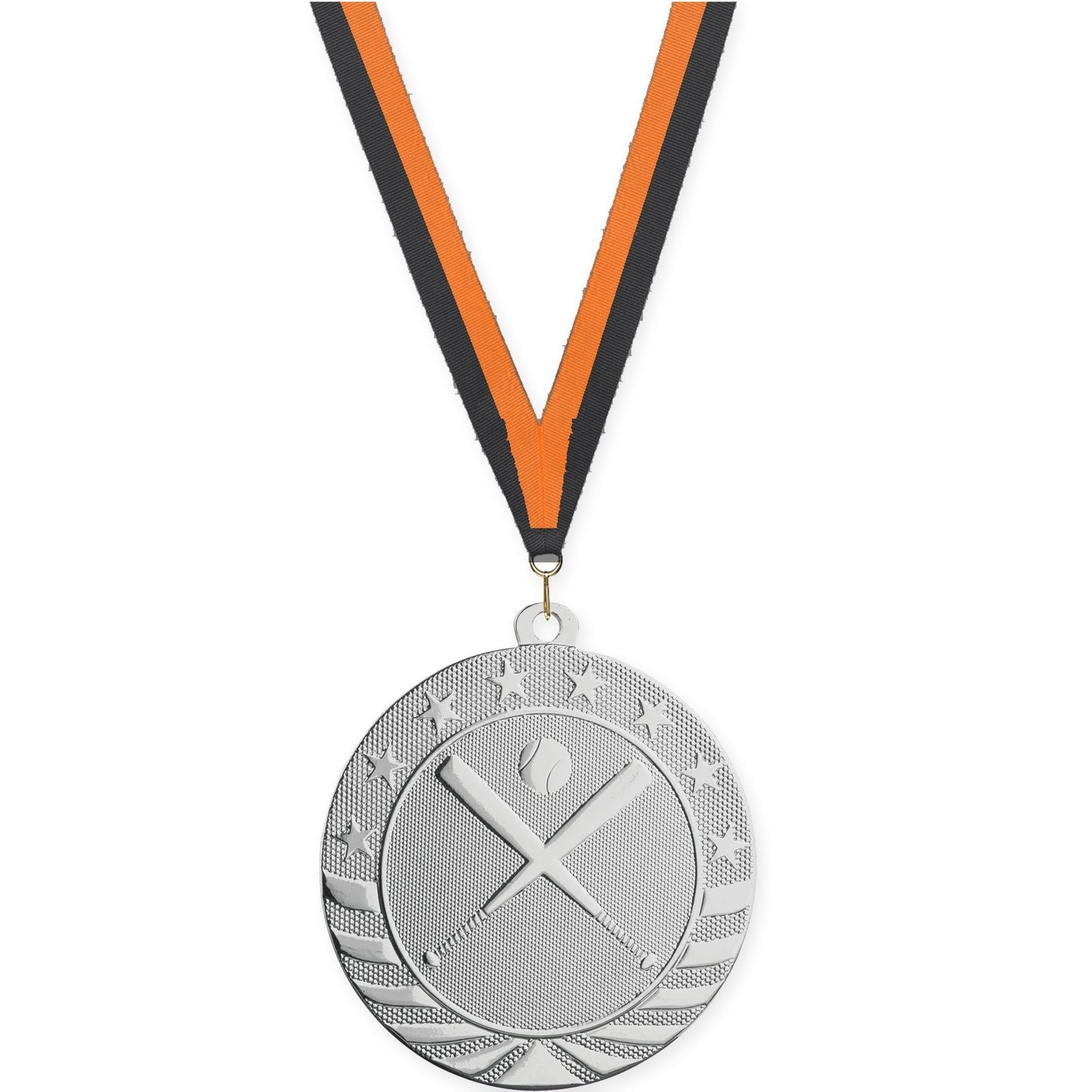 2 3/4 inch baseball and softball Starbrite medal in bright silver with Black Orange neck ribbon