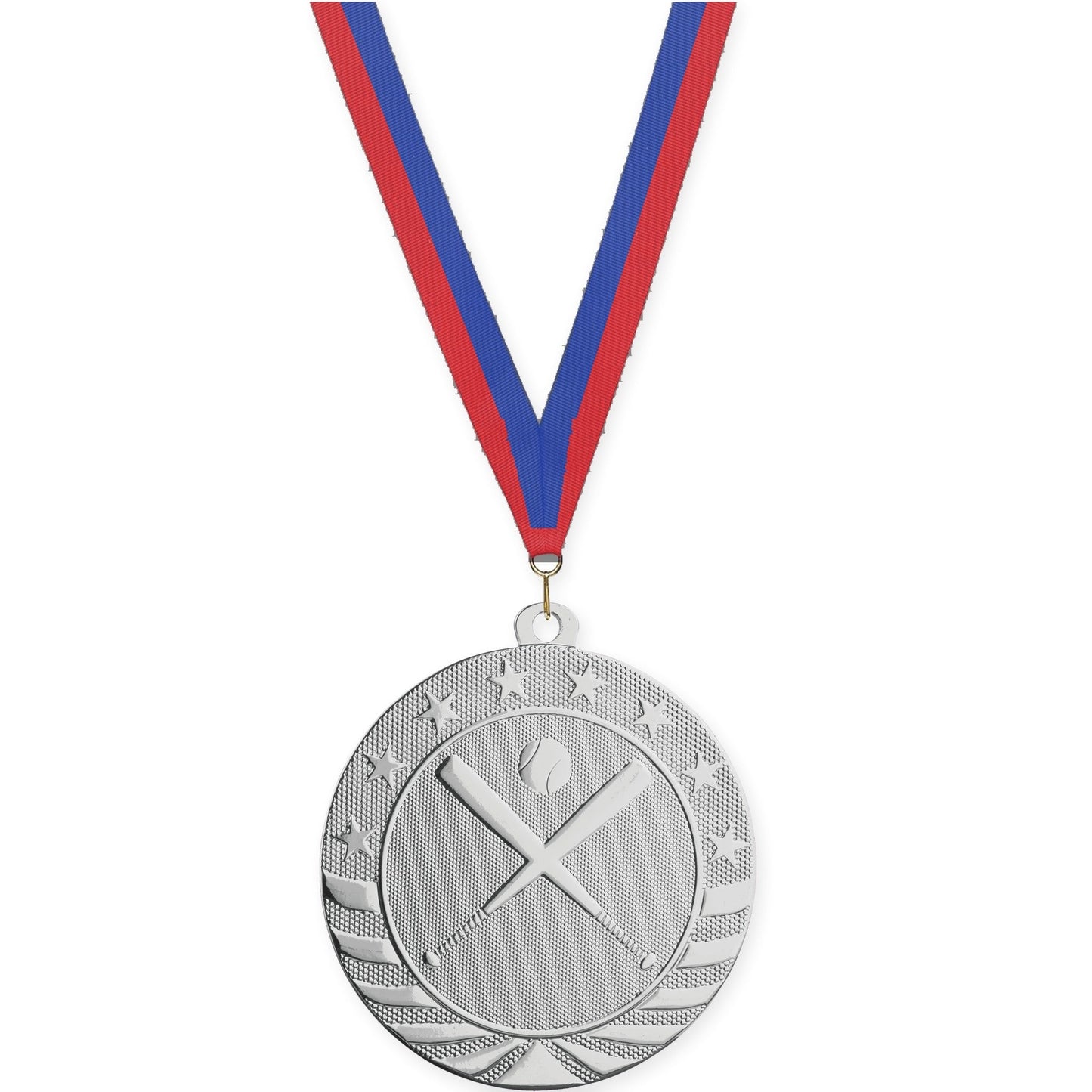 2 3/4 inch baseball and softball Starbrite medal in bright silver with Blue Red neck ribbon