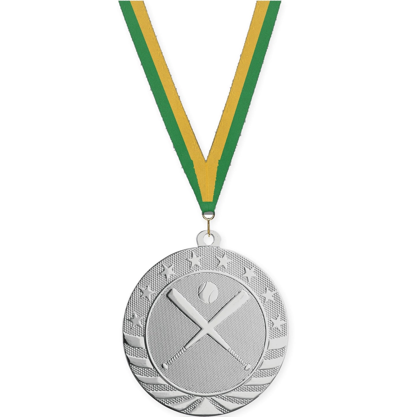 2 3/4 inch baseball and softball Starbrite medal in bright silver with Green Gold neck ribbon