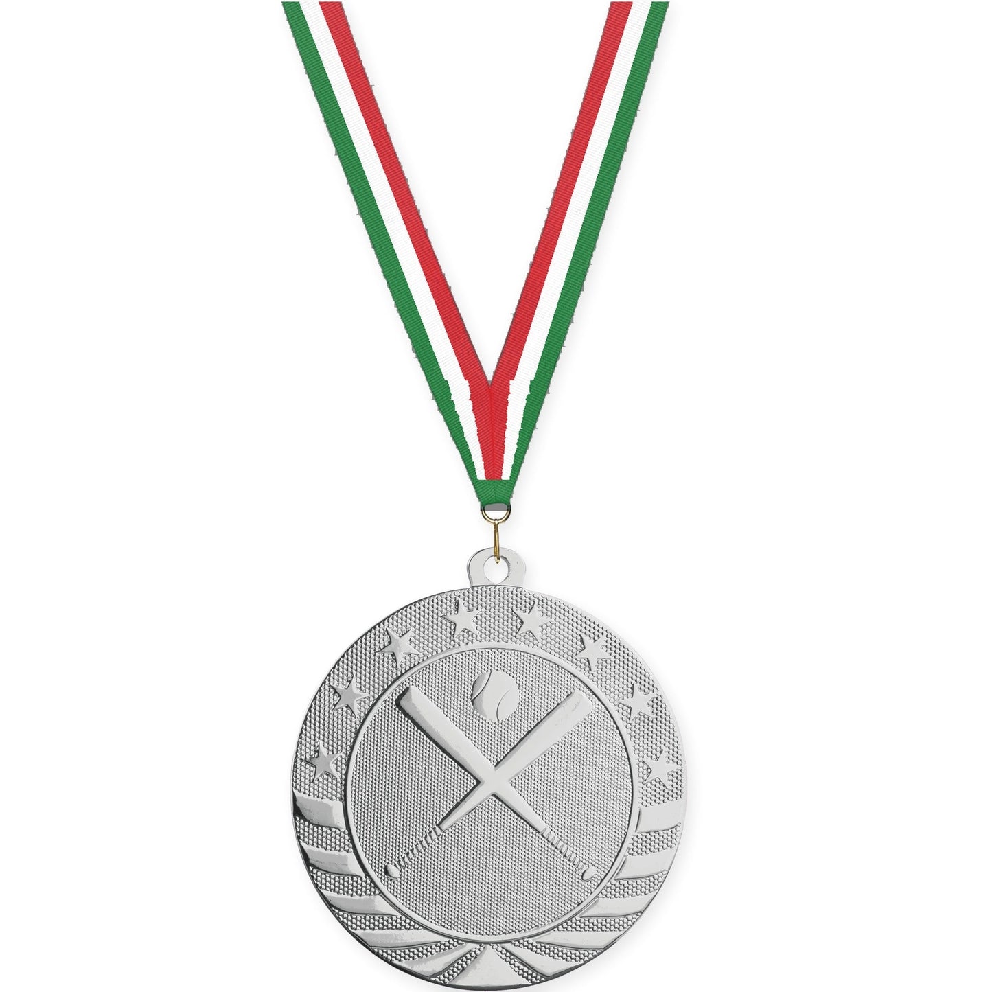2 3/4 inch baseball and softball Starbrite medal in bright silver with Green White Red neck ribbon
