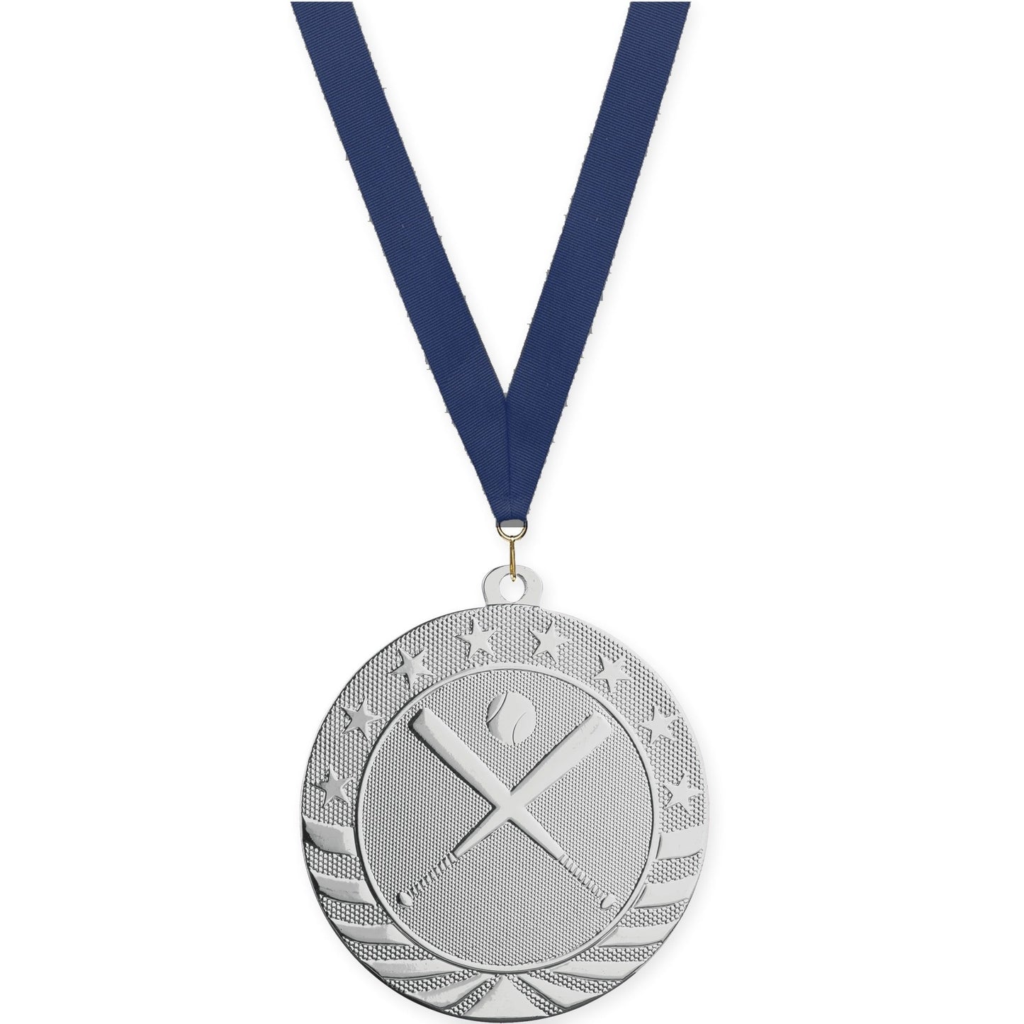 2 3/4 inch baseball and softball Starbrite medal in bright silver with Navy neck ribbon