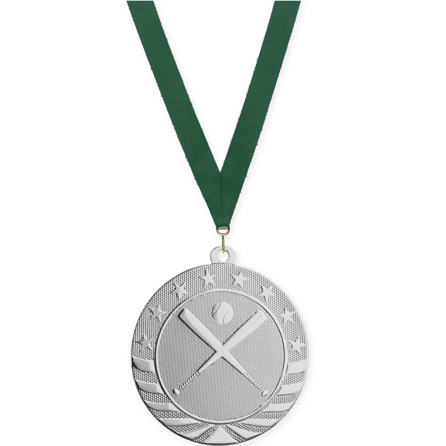 2 3/4 inch baseball and softball Starbrite medal in bright silver with Hunter Green neck ribbon