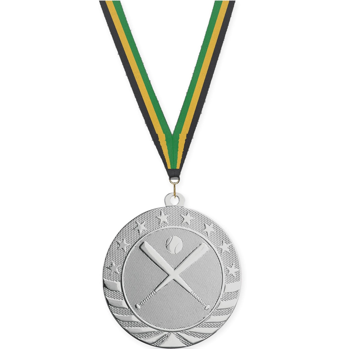2 3/4 inch baseball and softball Starbrite medal in bright silver with Black Gold Green neck ribbon