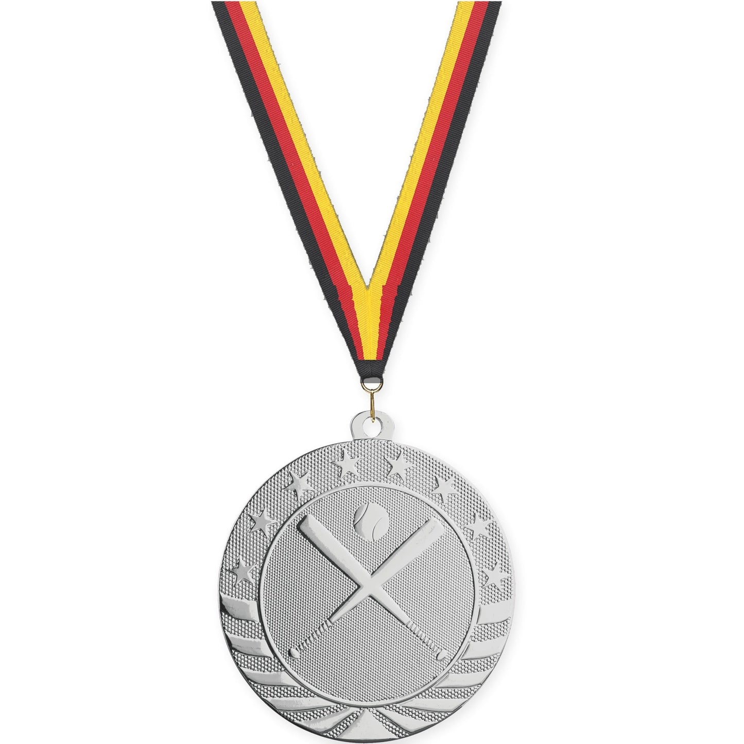 2 3/4 inch baseball and softball Starbrite medal in bright silver with Black Red Yellow neck ribbon