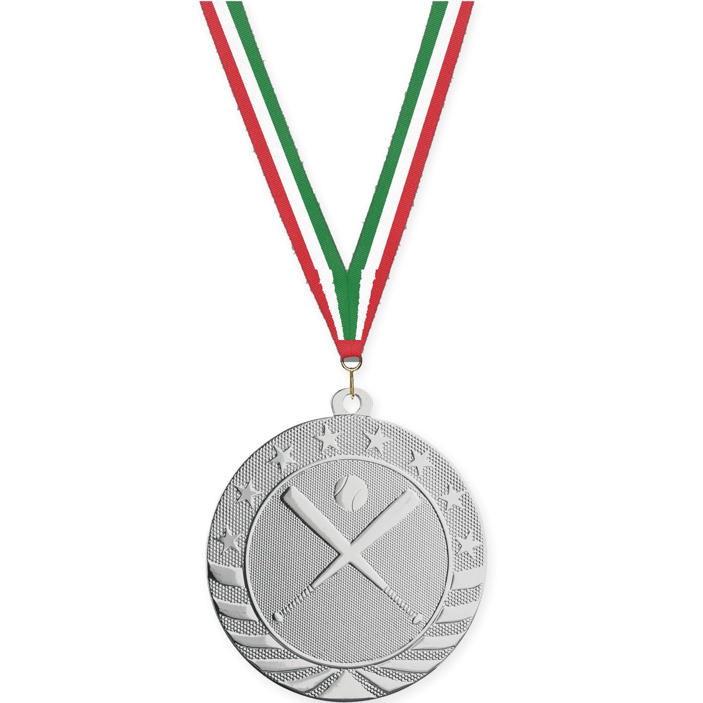 2 3/4 inch baseball and softball Starbrite medal in bright silver with Red White Green neck ribbon