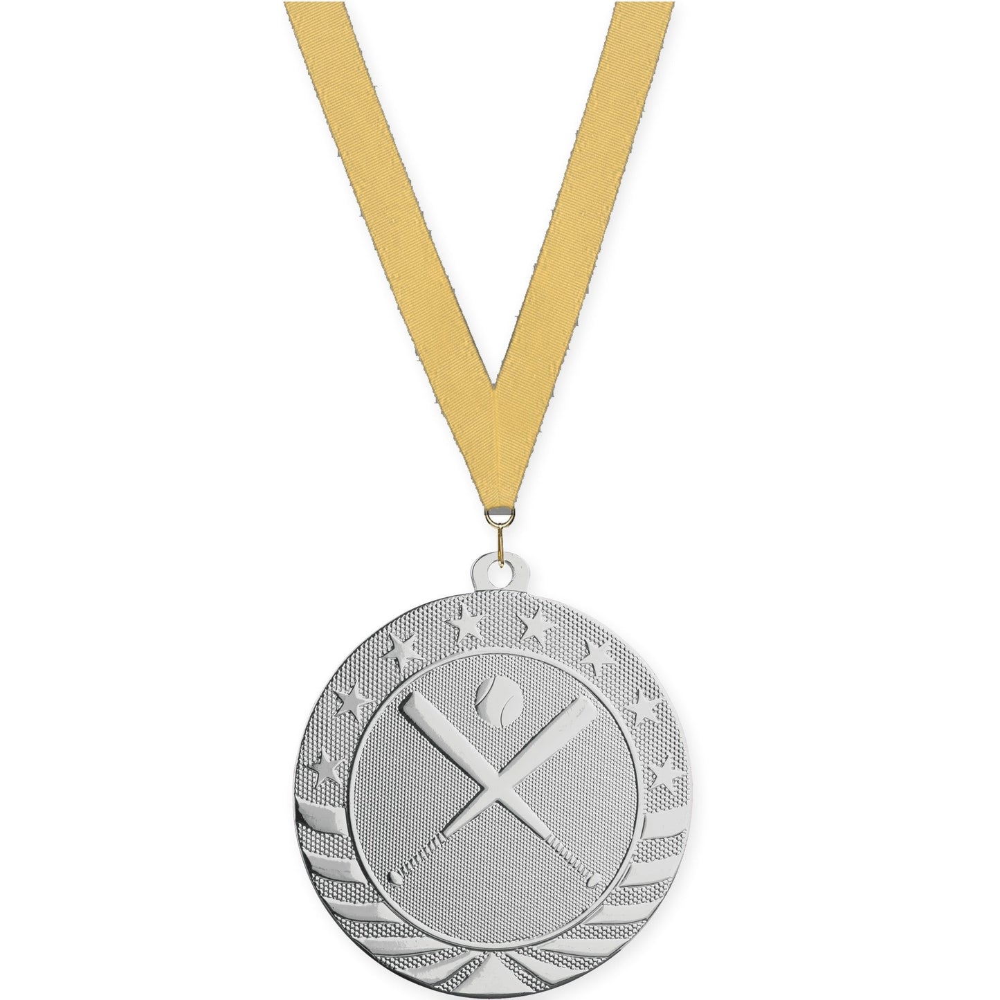 2 3/4 inch baseball and softball Starbrite medal in bright silver with Gold Metallic neck ribbon