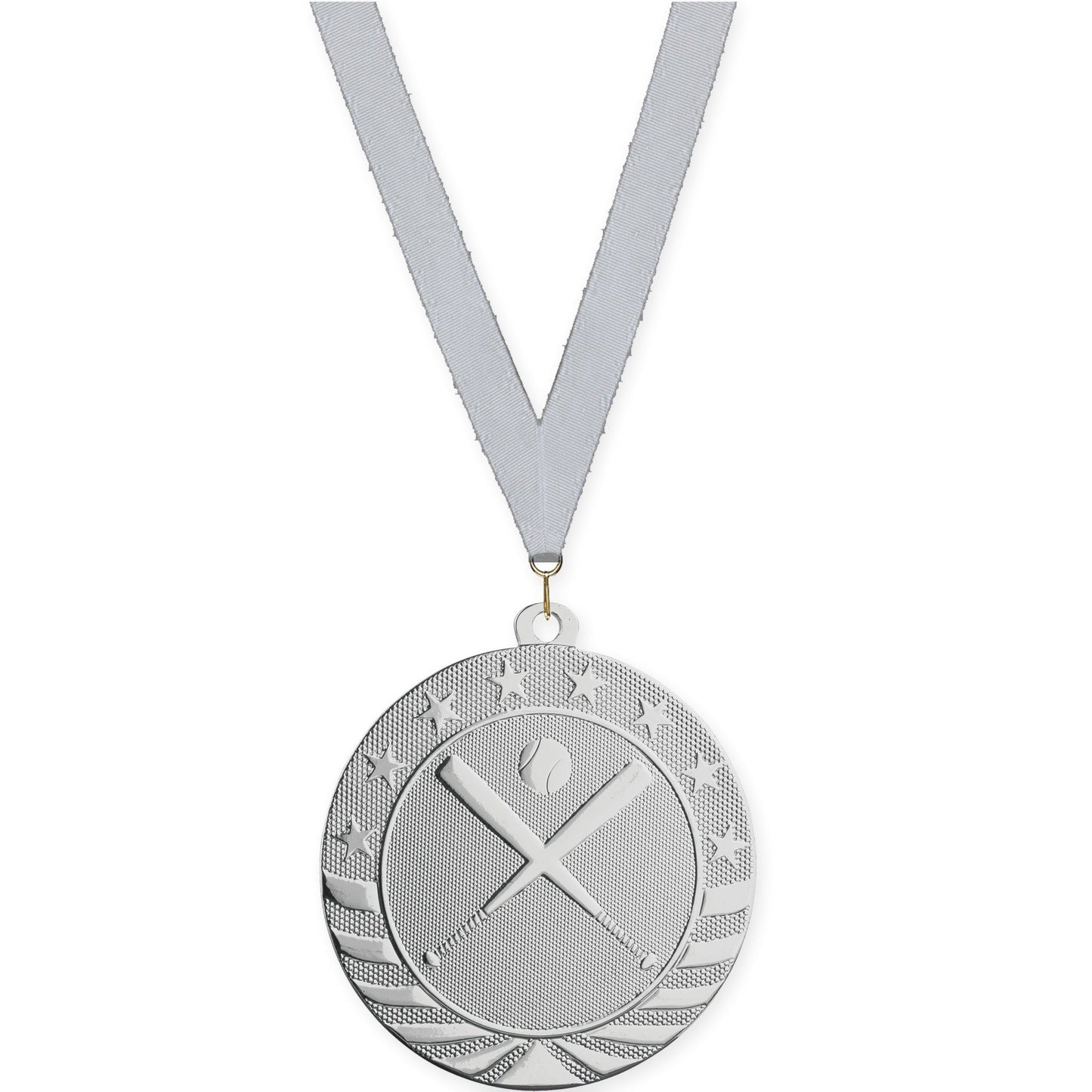 2 3/4 inch baseball and softball Starbrite medal in bright silver with Silver Metallic neck ribbon