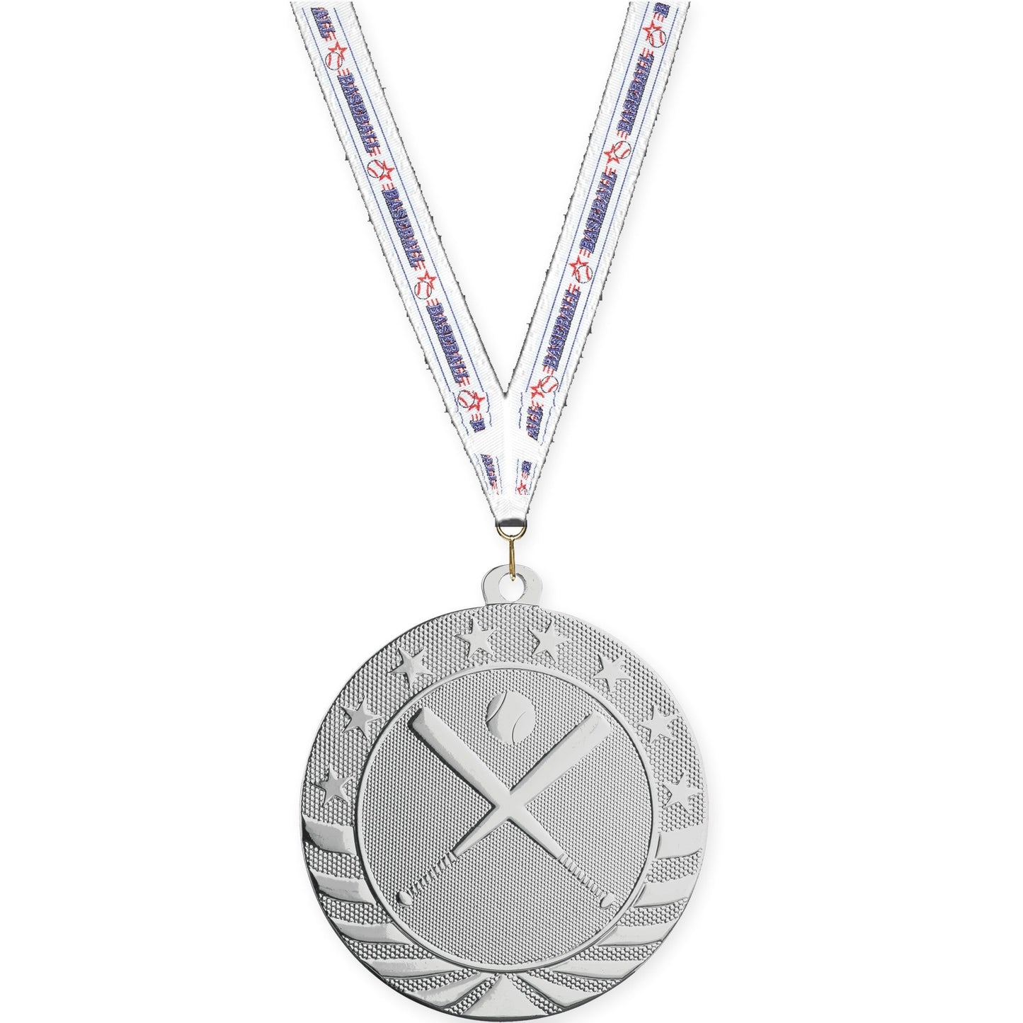 2 3/4 inch baseball and softball Starbrite medal in bright silver with Baseball neck ribbon