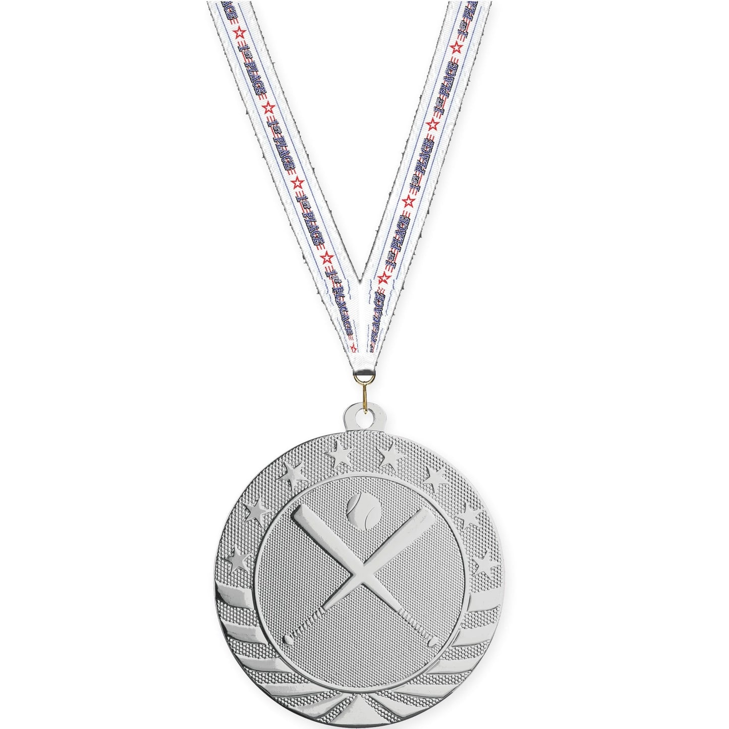 2 3/4 inch baseball and softball Starbrite medal in bright silver with 1st Place neck ribbon