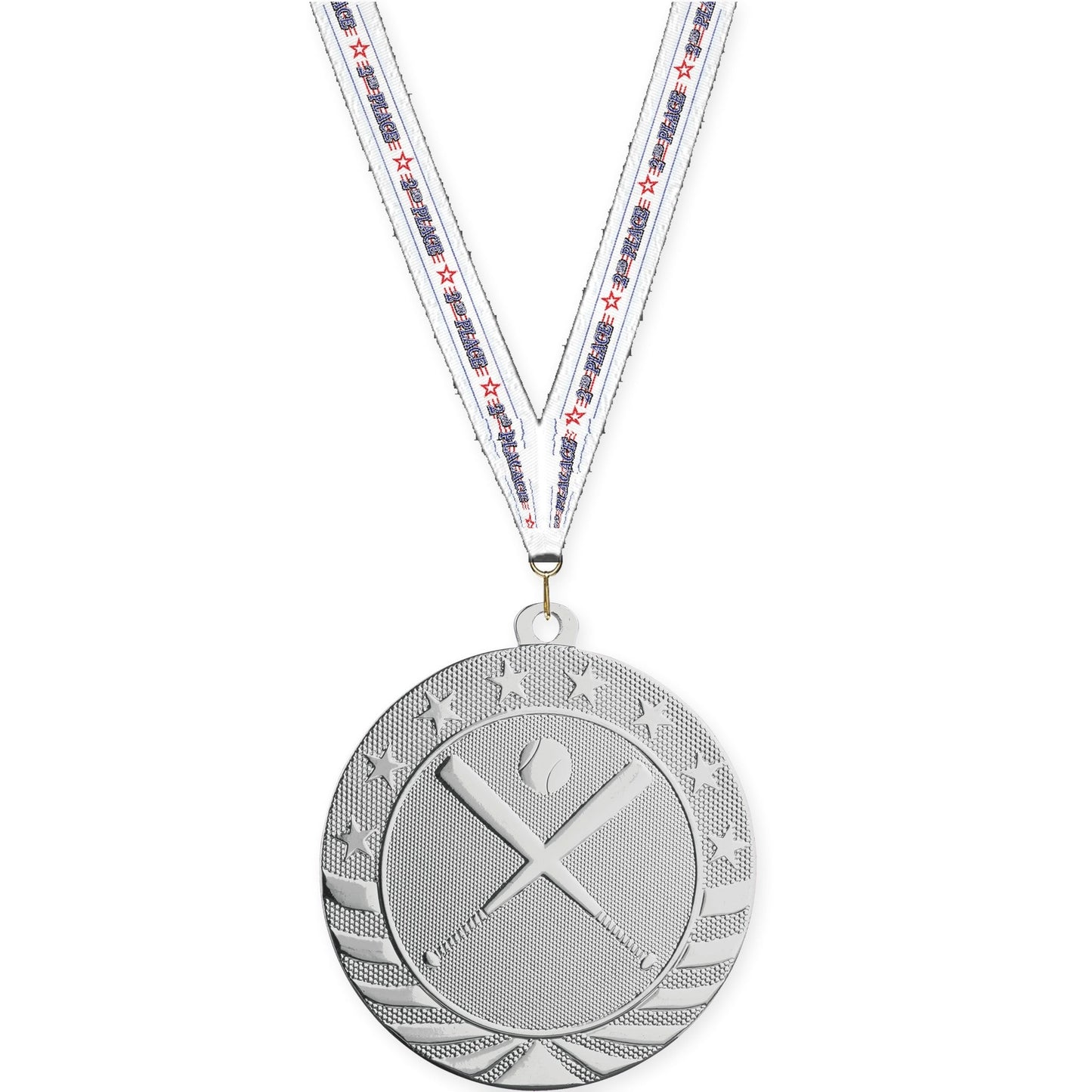2 3/4 inch baseball and softball Starbrite medal in bright silver with 2nd Place neck ribbon