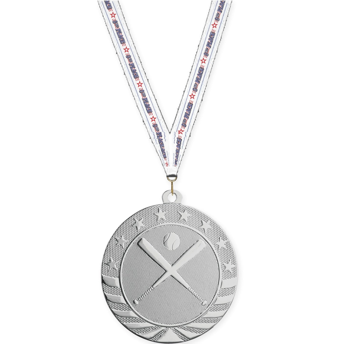 2 3/4 inch baseball and softball Starbrite medal in bright silver with 3rd Place neck ribbon