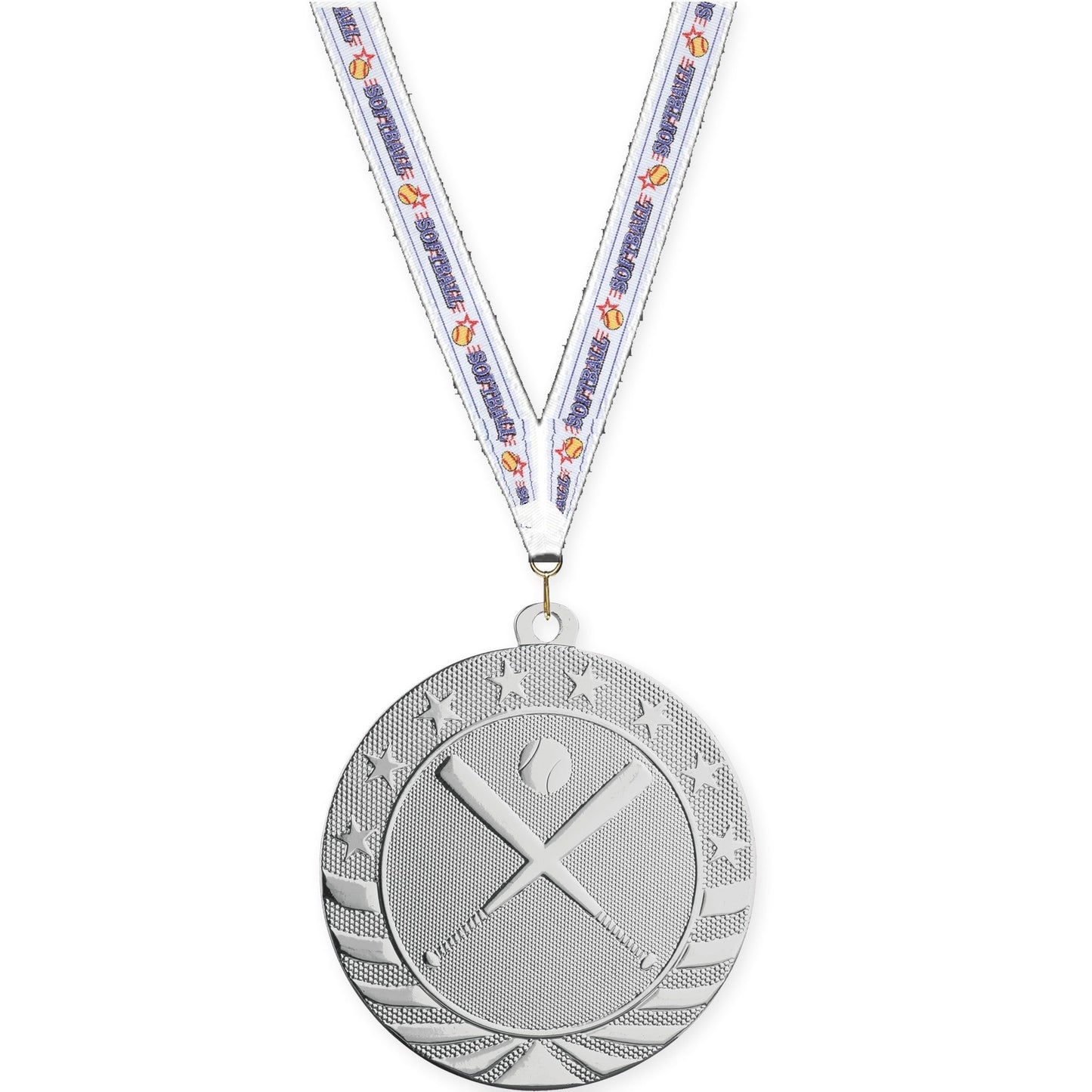 2 3/4 inch baseball and softball Starbrite medal in bright silver with Softball neck ribbon