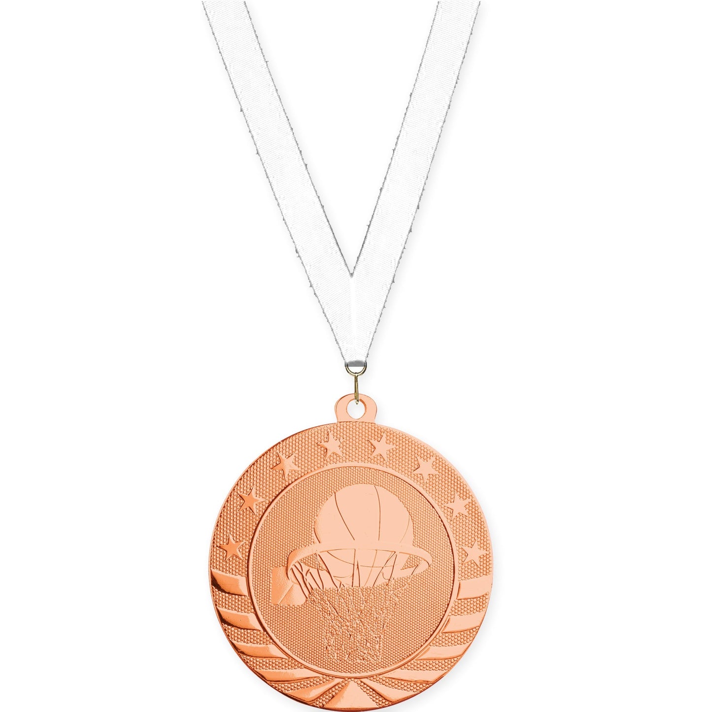 2 3/4 inch basketball Starbrite medal in bright bronze with White neck ribbon