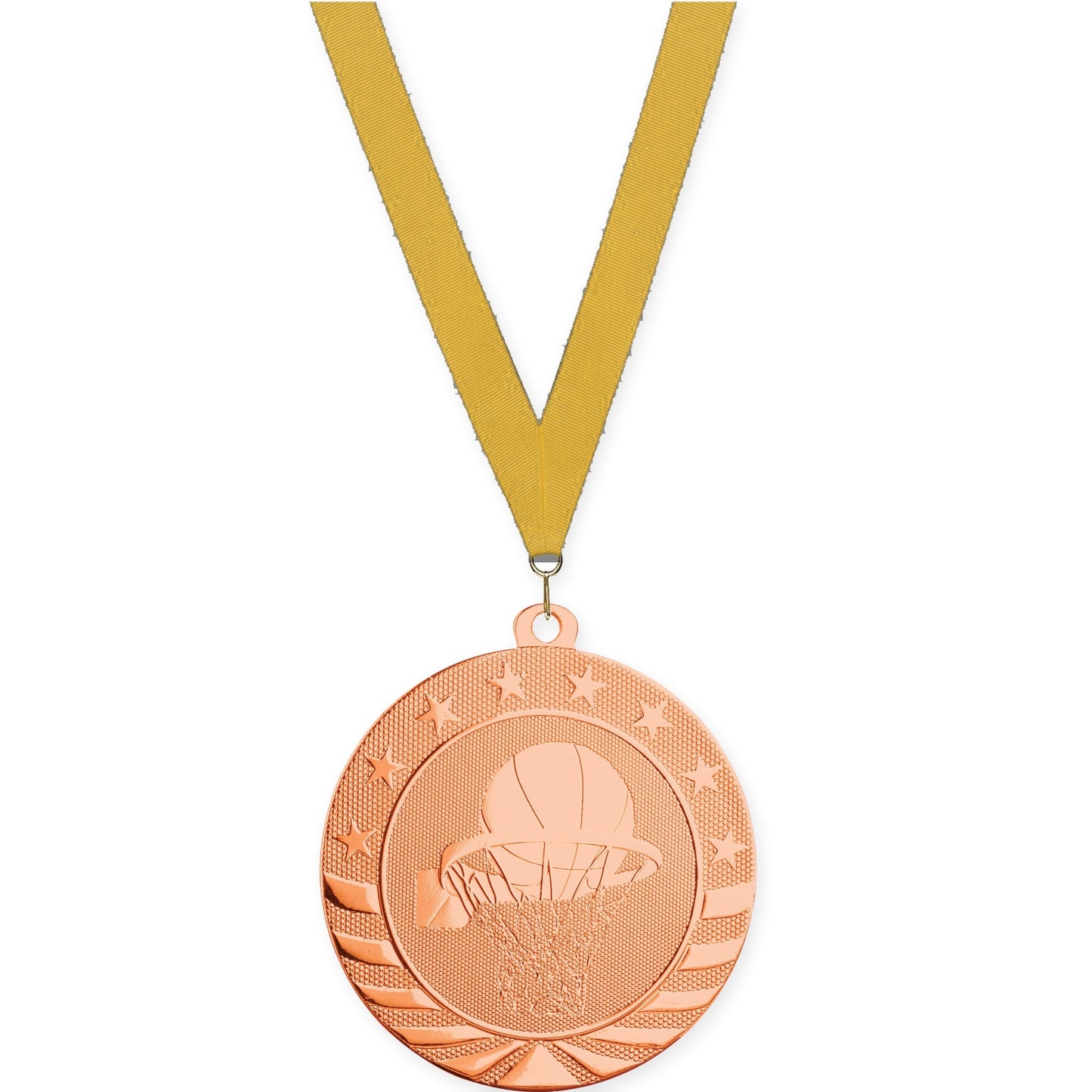 2 3/4 inch basketball Starbrite medal in bright bronze with Gold neck ribbon