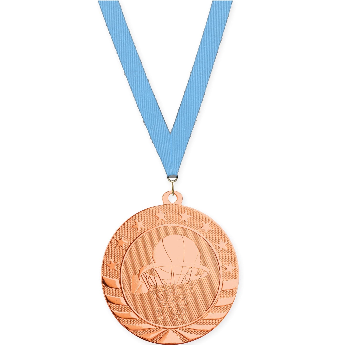 2 3/4 inch basketball Starbrite medal in bright bronze with Light Blue neck ribbon