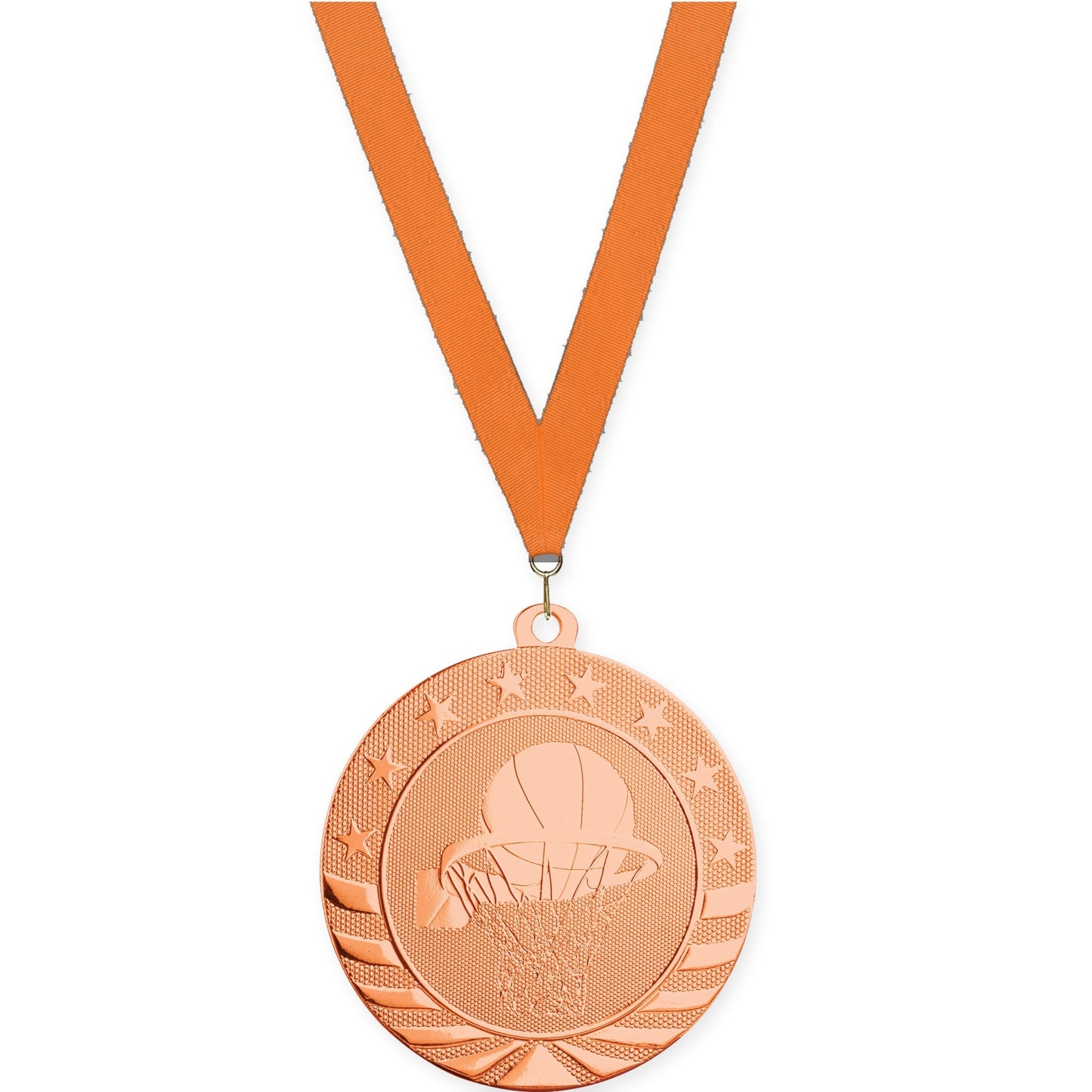 2 3/4 inch basketball Starbrite medal in bright bronze with Orange neck ribbon