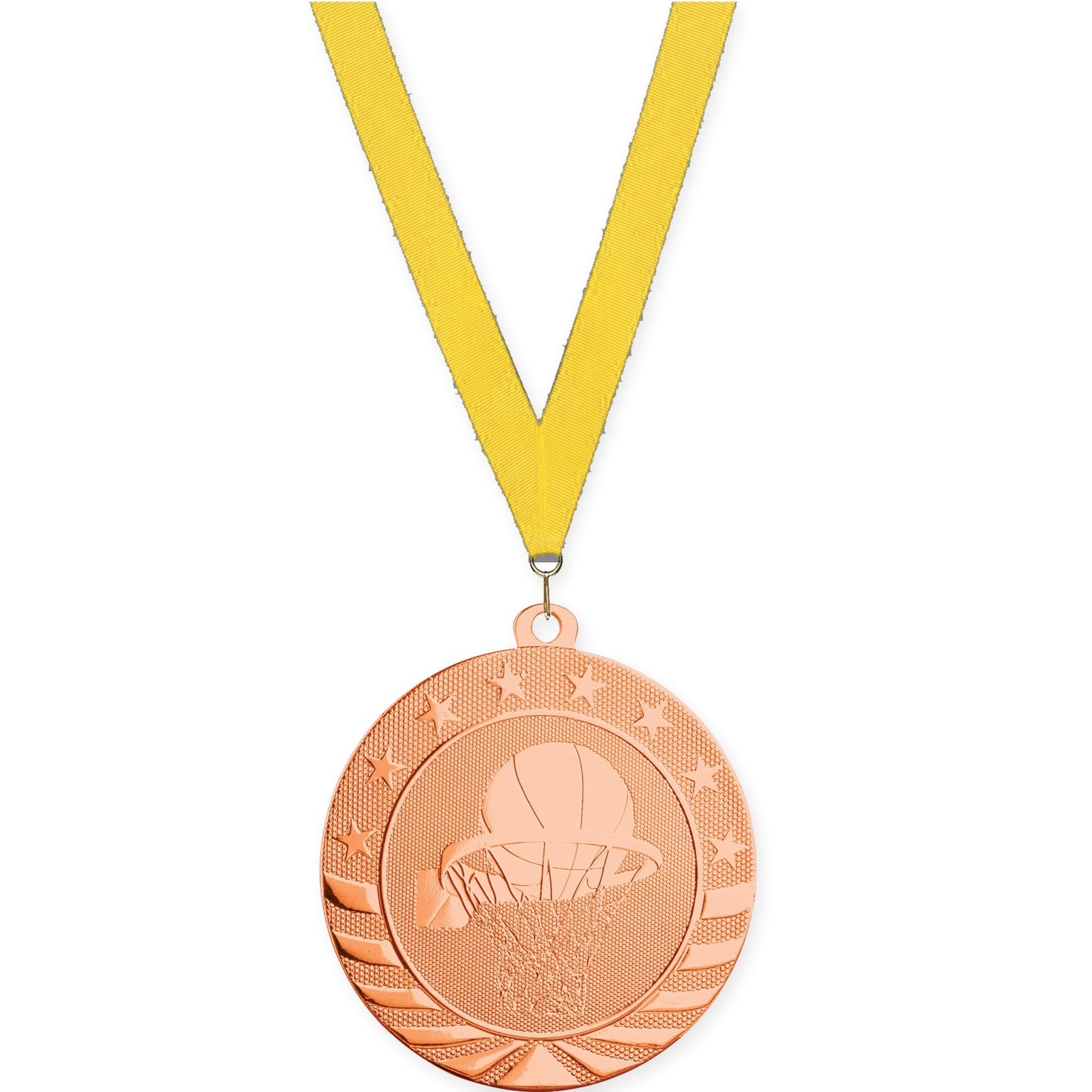 2 3/4 inch basketball Starbrite medal in bright bronze with Yellow neck ribbon