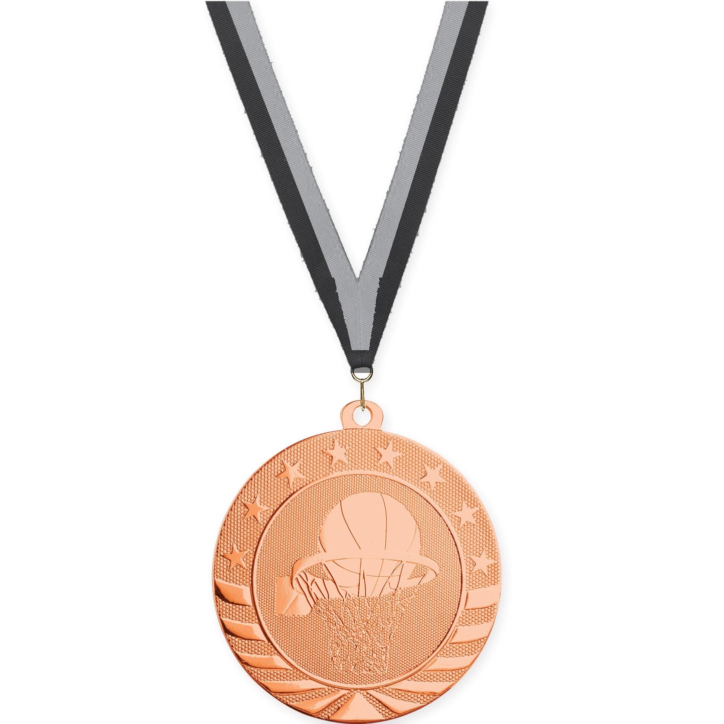2 3/4 inch basketball Starbrite medal in bright bronze with Black Gray neck ribbon